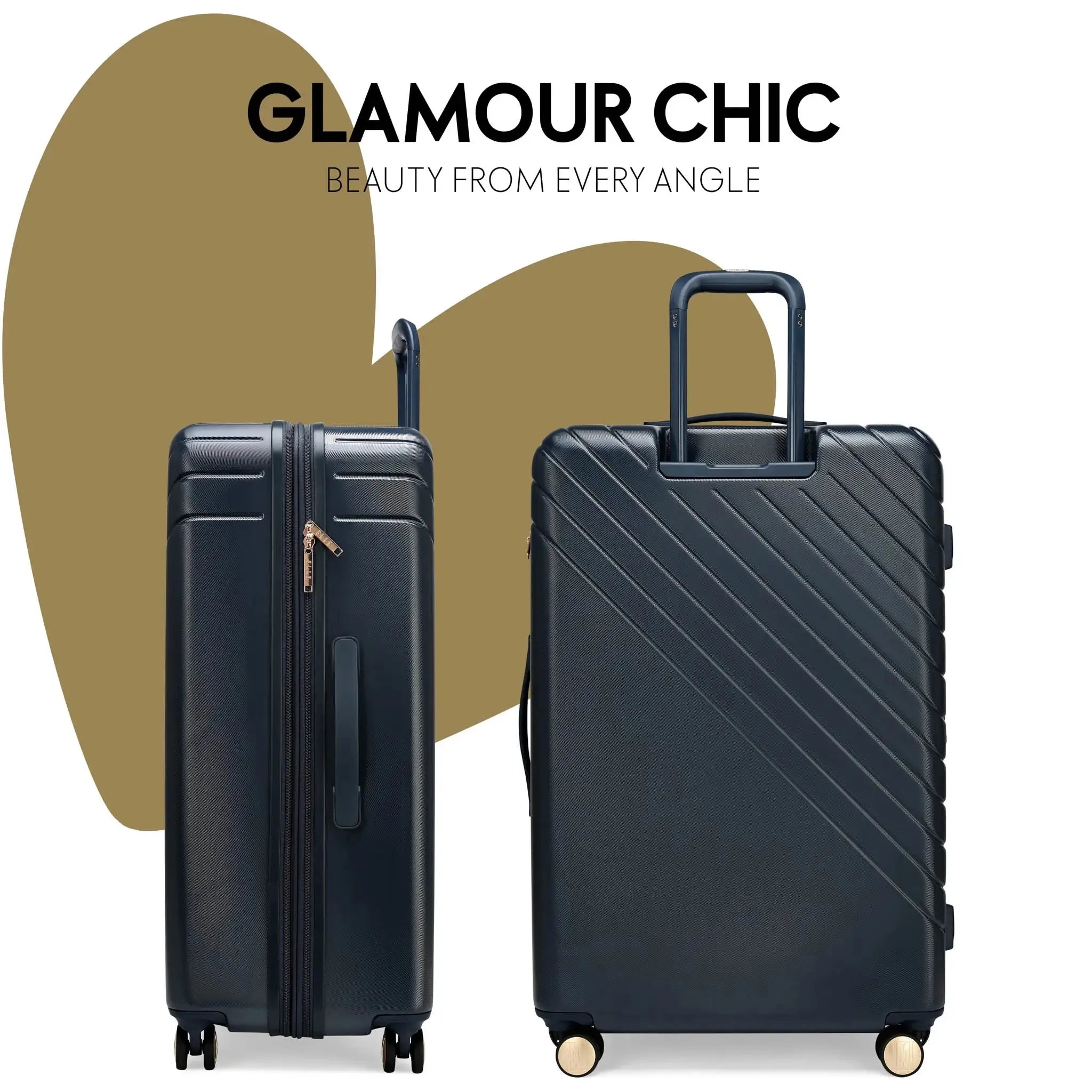 Two black suitcases with a 'Glamour Chic' text on a white background