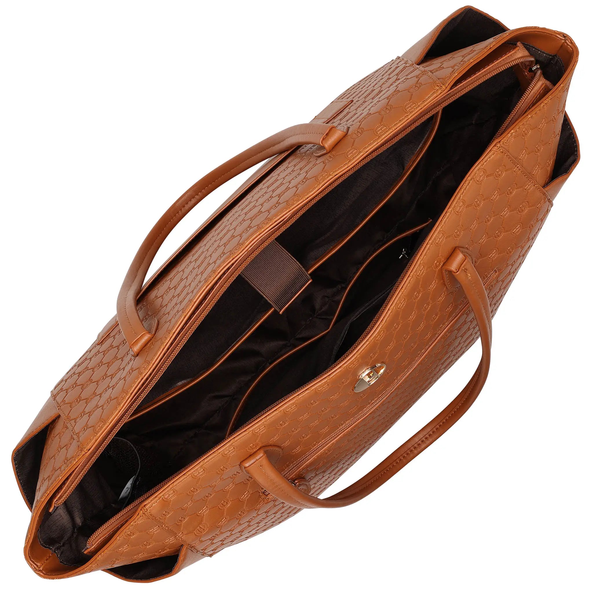 Brown textured handbag with a strap on a white background