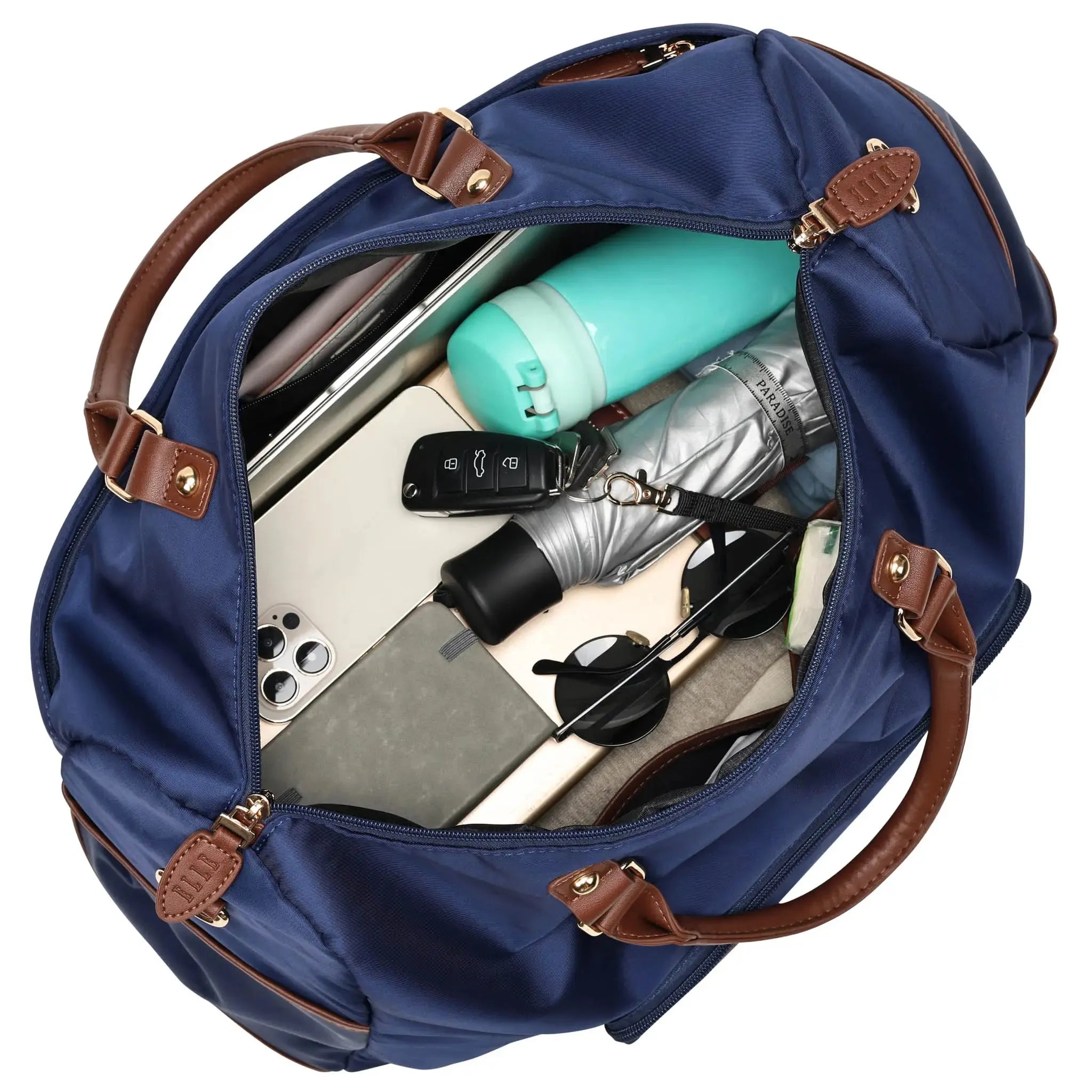 Blue backpack with brown straps containing various items on a white background