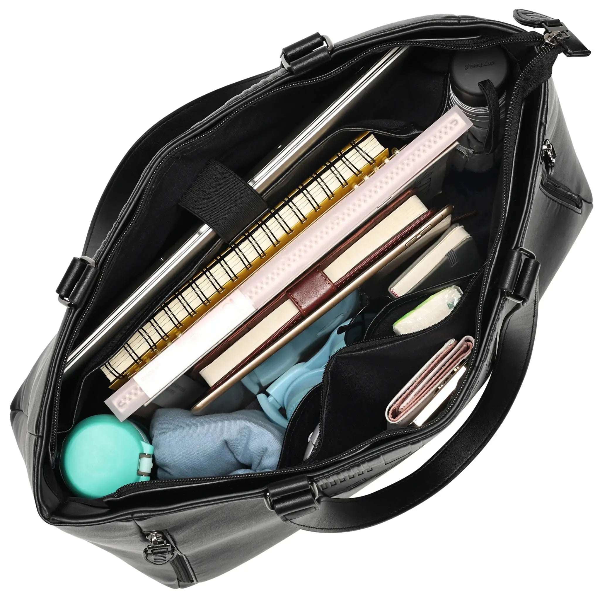 Black bag with various items including a keyboard, pen, and other stationery on a white background