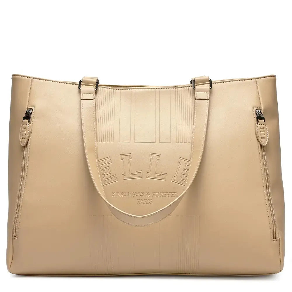 Beige handbag with 'ELLE' branding on a white background