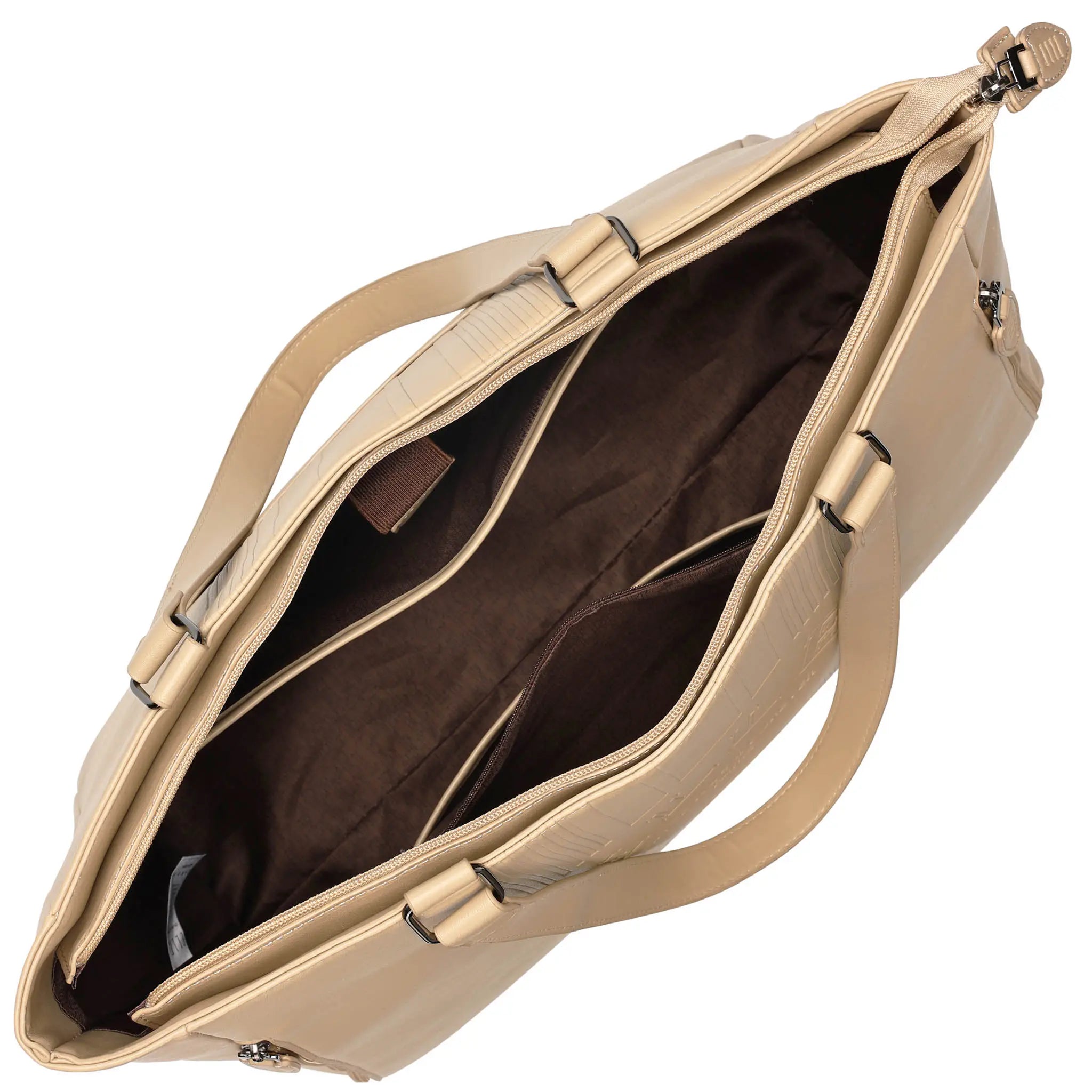 Beige handbag with a shoulder strap on a white background