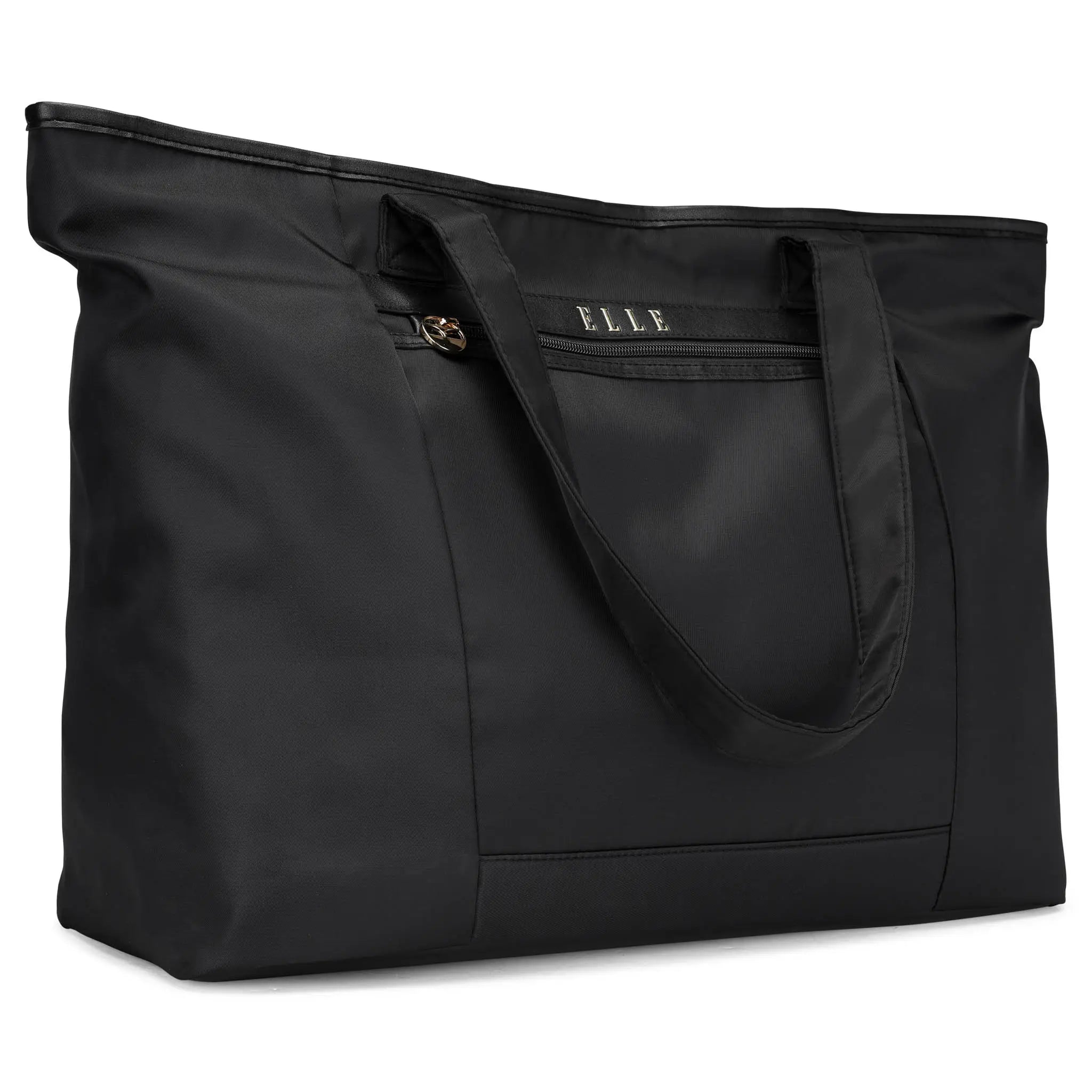 Black tote bag with brand logo on a white background