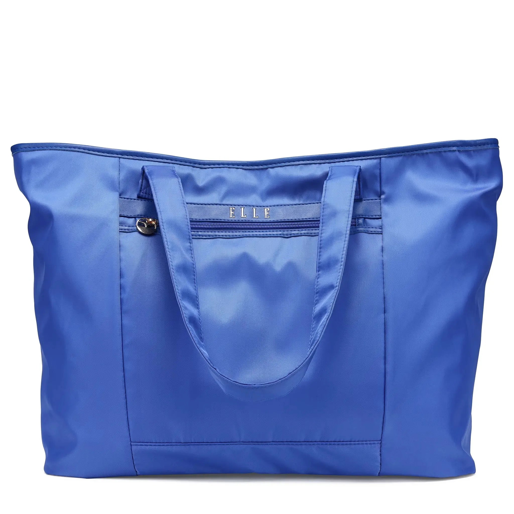 Blue tote bag with 'ELLE' branding on a white background