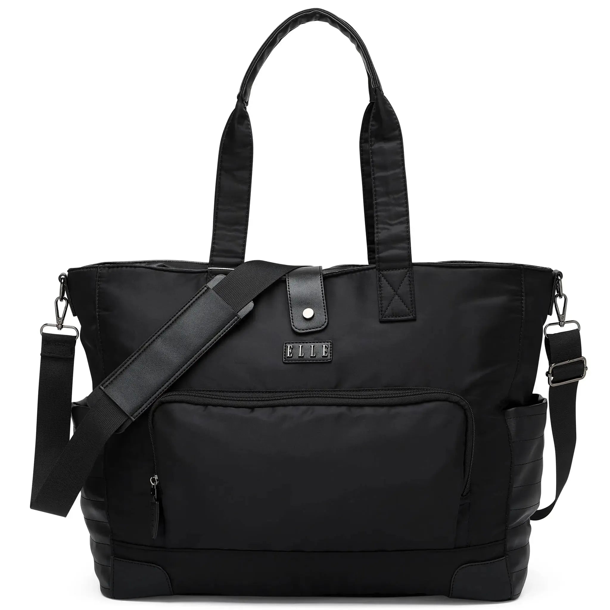 Black tote bag with shoulder strap on a white background