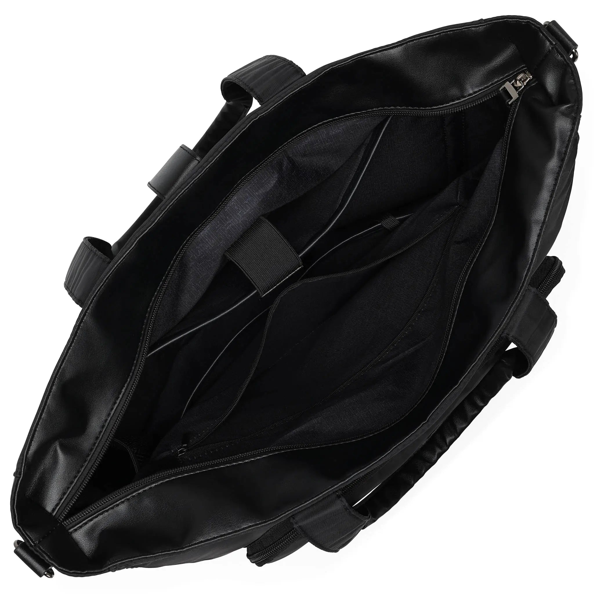 Black bag with multiple compartments on a white background