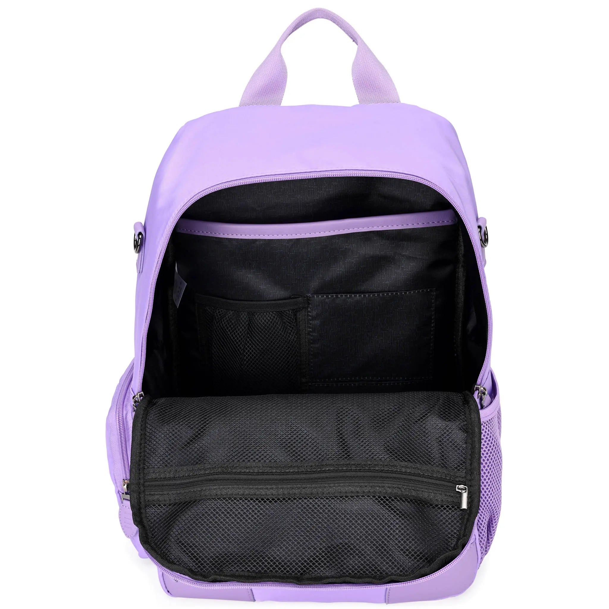 Purple backpack with black interior compartments on a white background