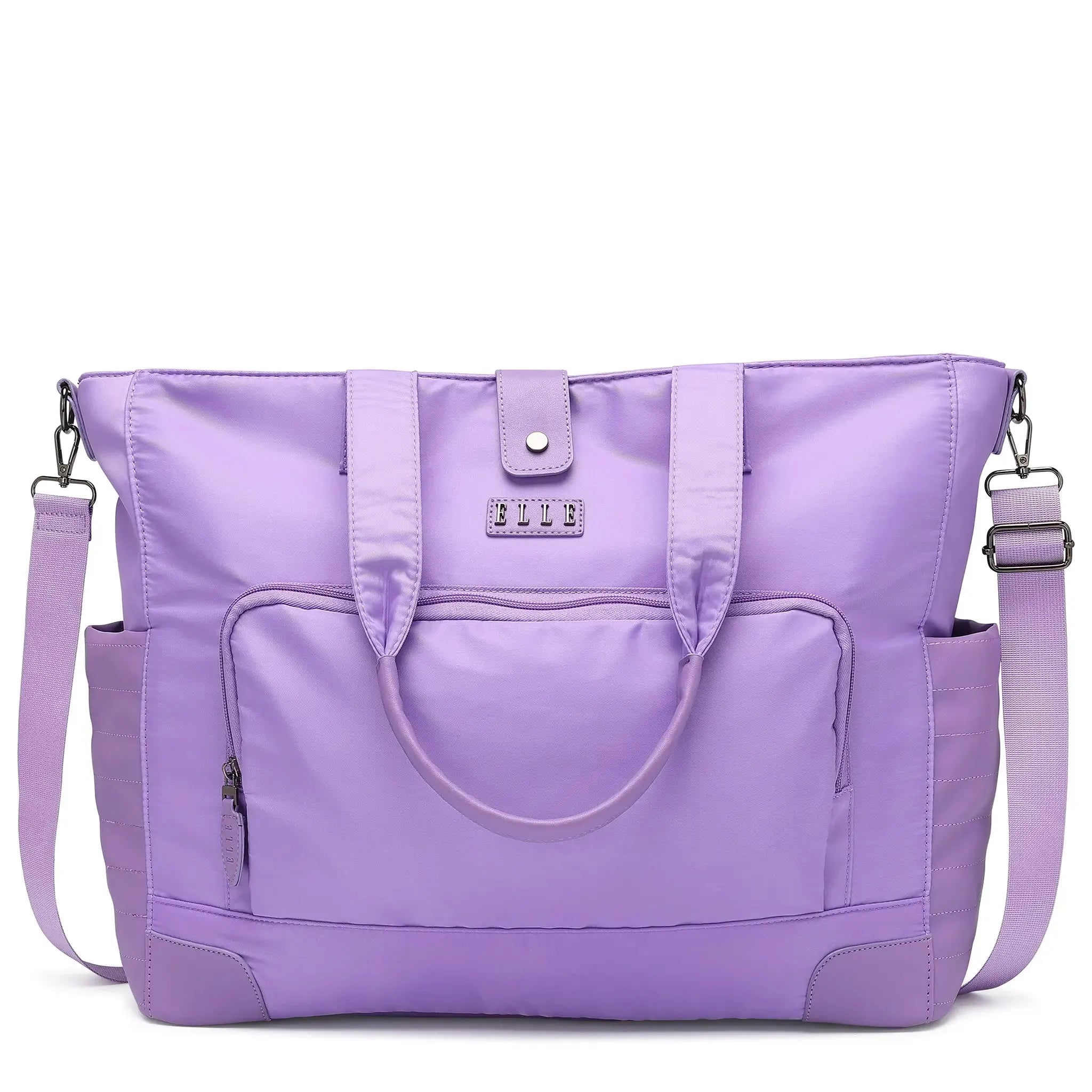 Purple tote bag with shoulder strap on a white background