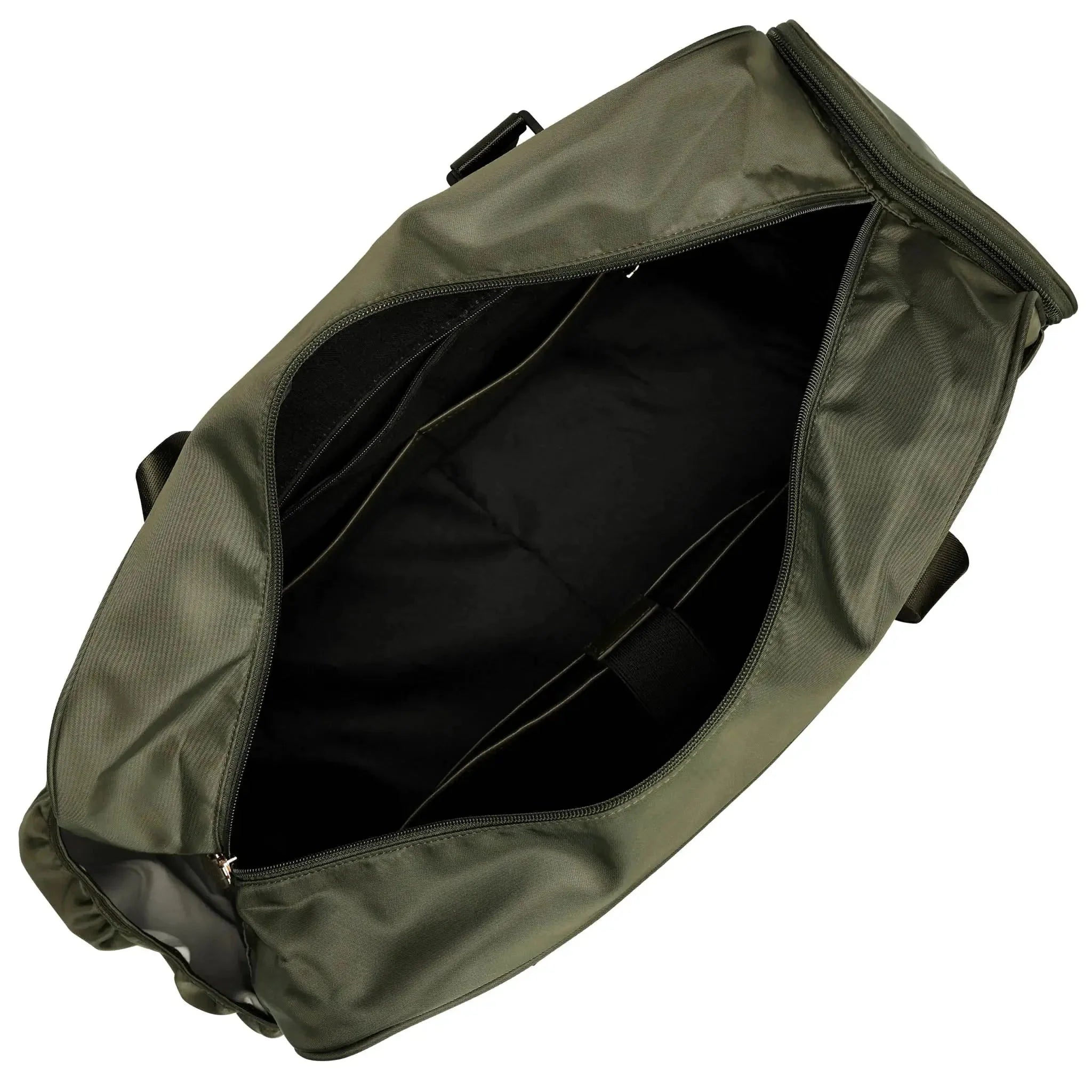 Green duffel bag with black interior on a white background