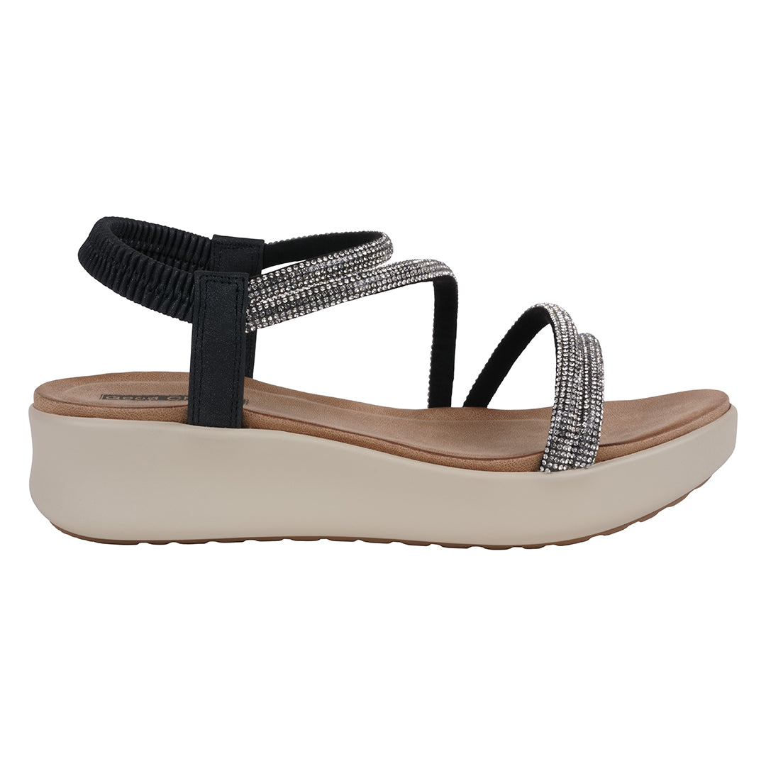 Black sandal with rhinestone straps on a white background