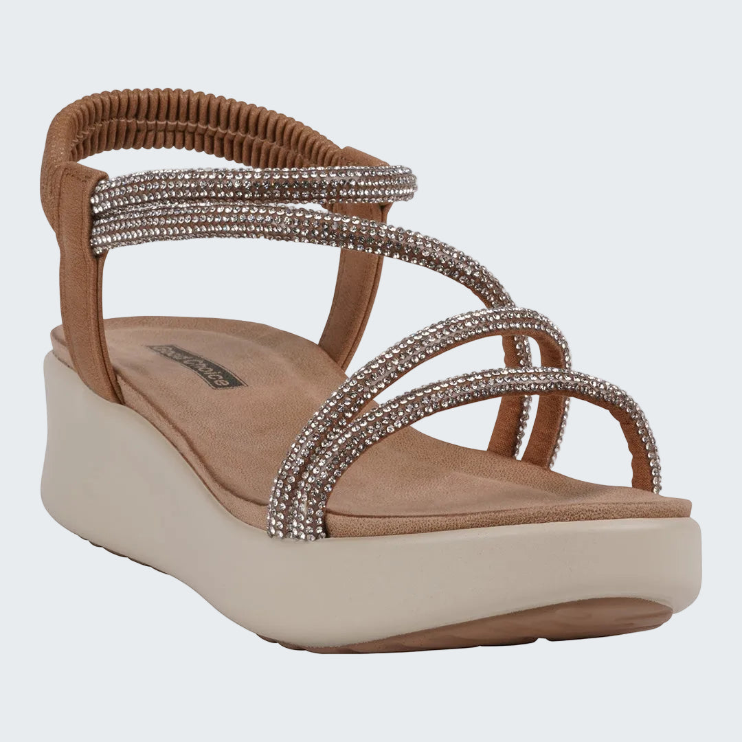 Brown sandal with rhinestone straps on a white background