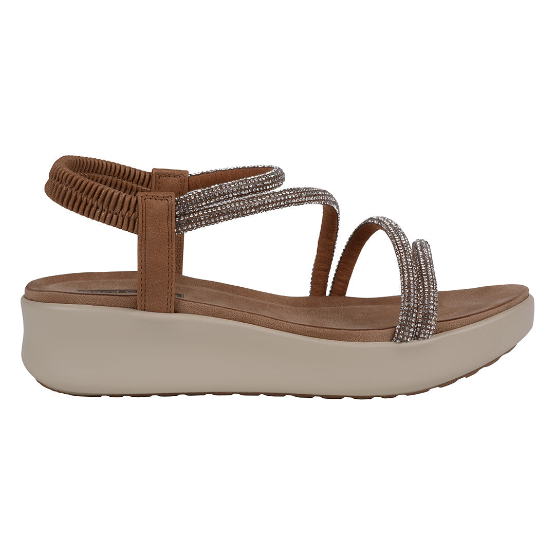 Brown sandal with rhinestone straps on a white background