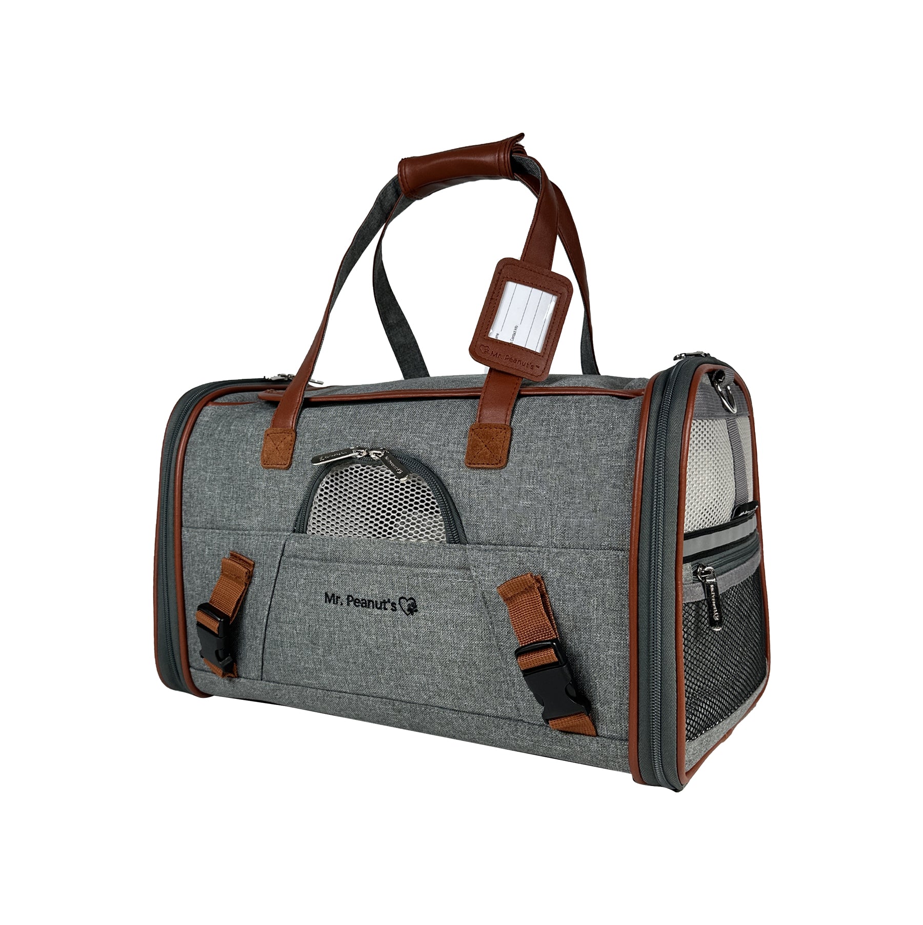 Gray pet carrier with brown straps on a white background
