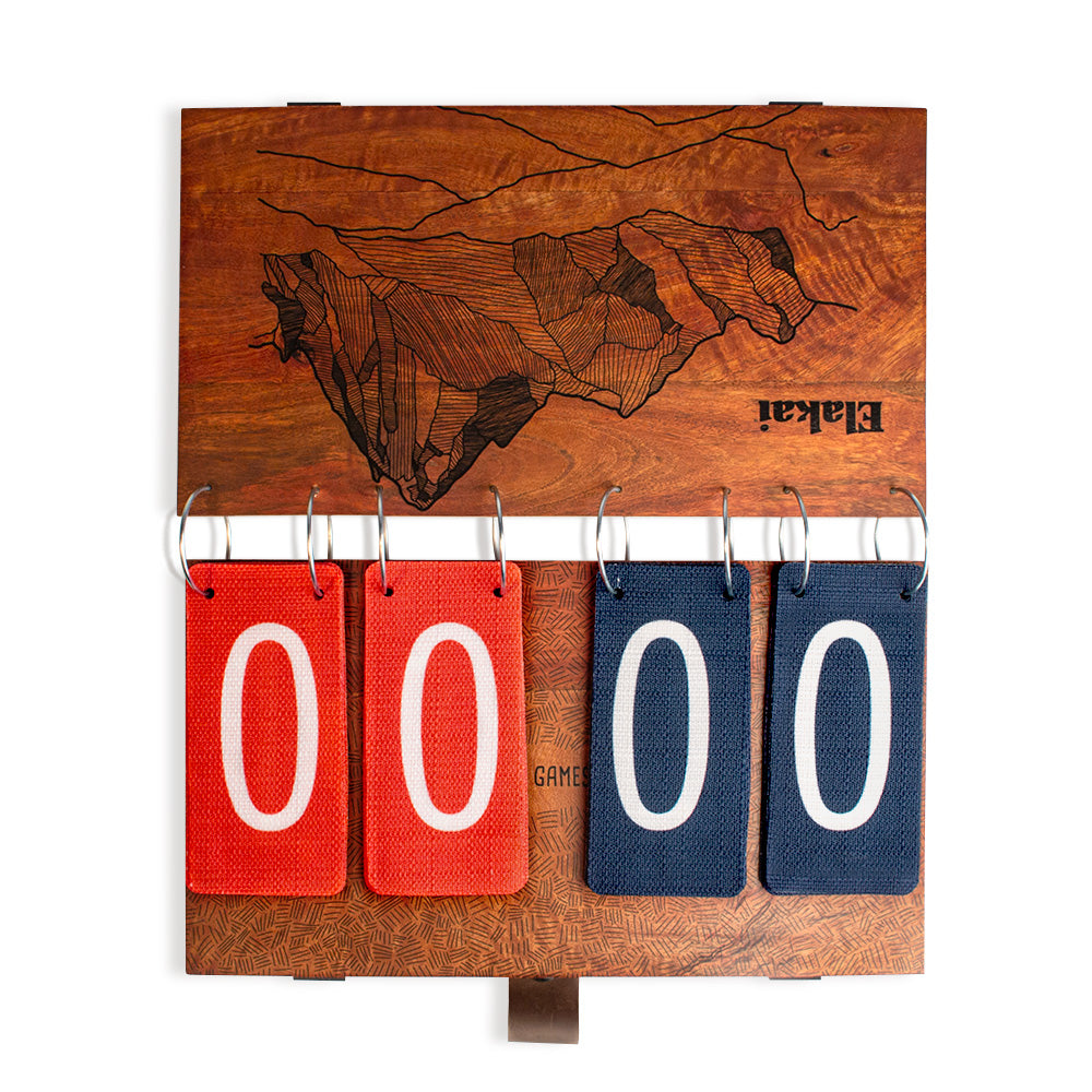 Wooden scoreboard with red and blue score tags on a white background