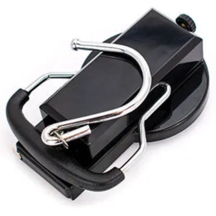 Black belt with silver carabiner clip on a white background