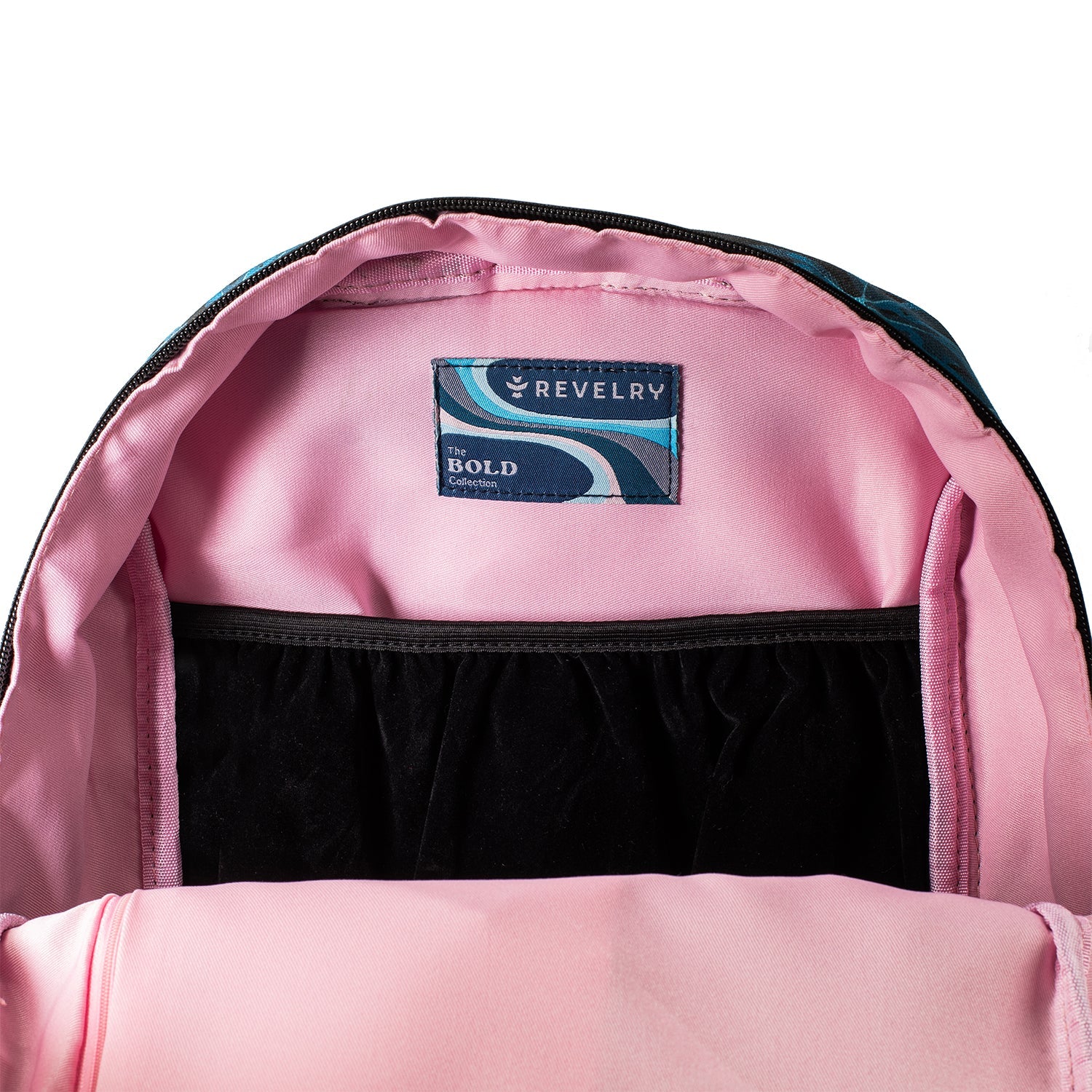 Pink backpack with a visible brand label on a white background