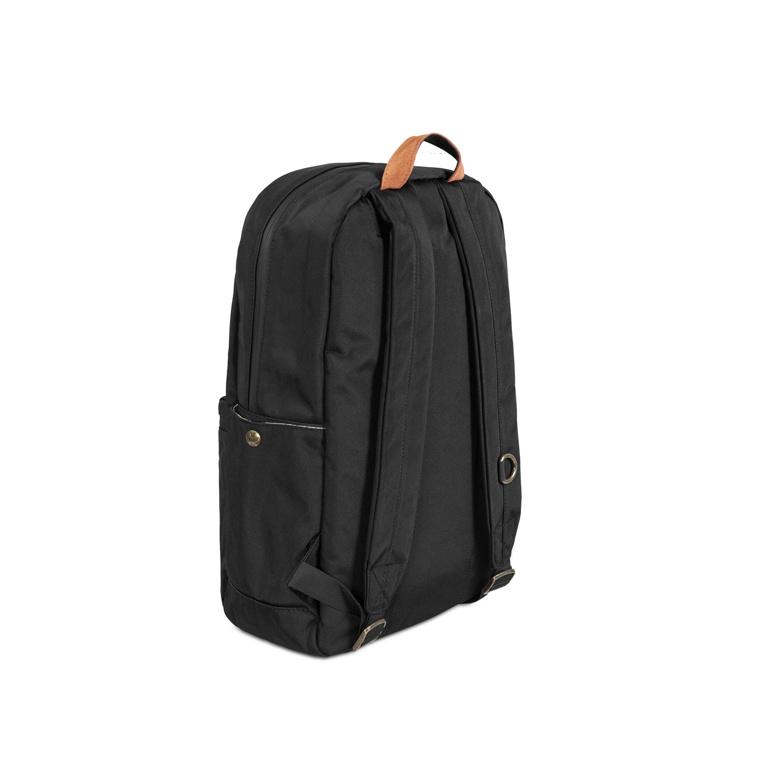 Black backpack with a brown strap on a white background