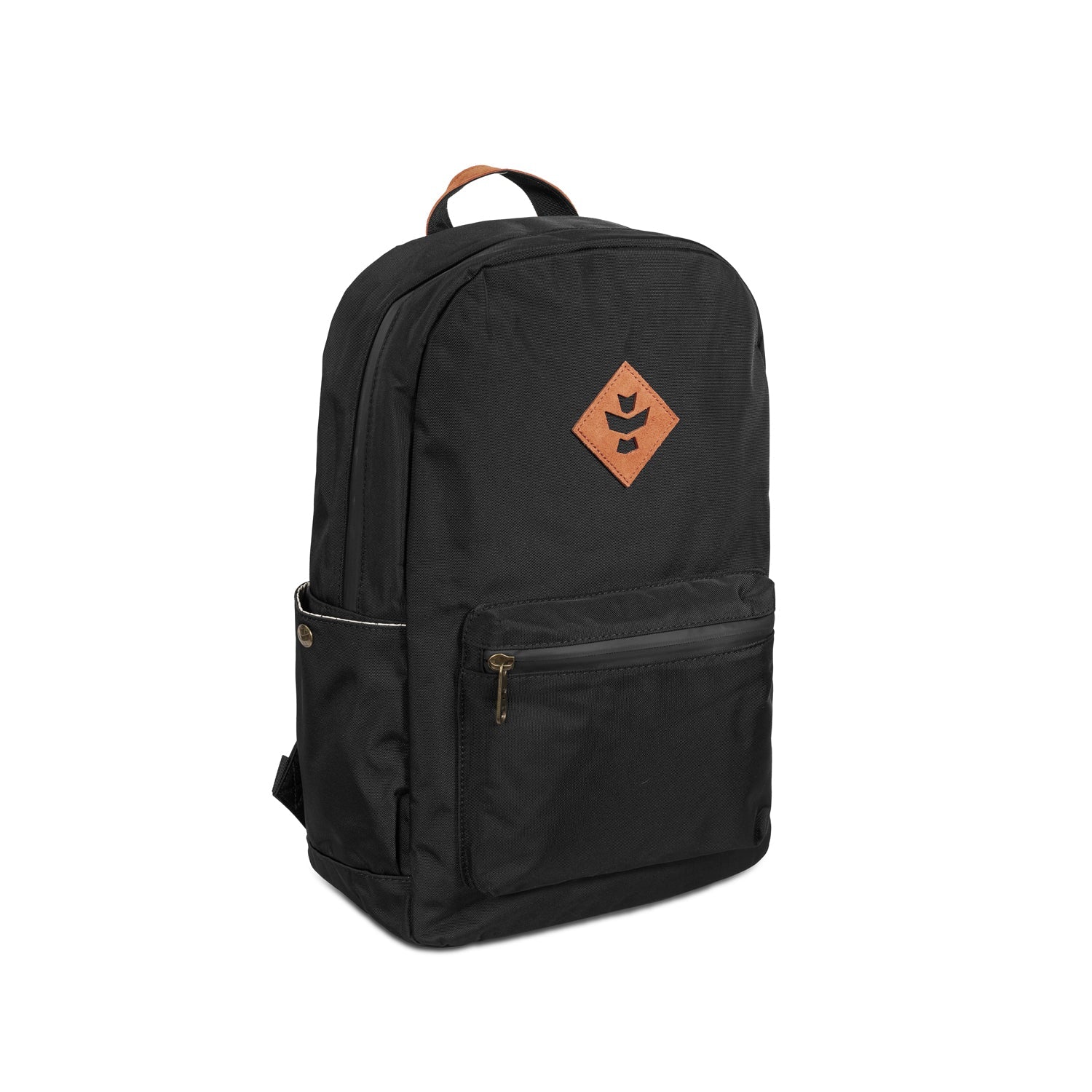 Black backpack with a brown logo on a white background