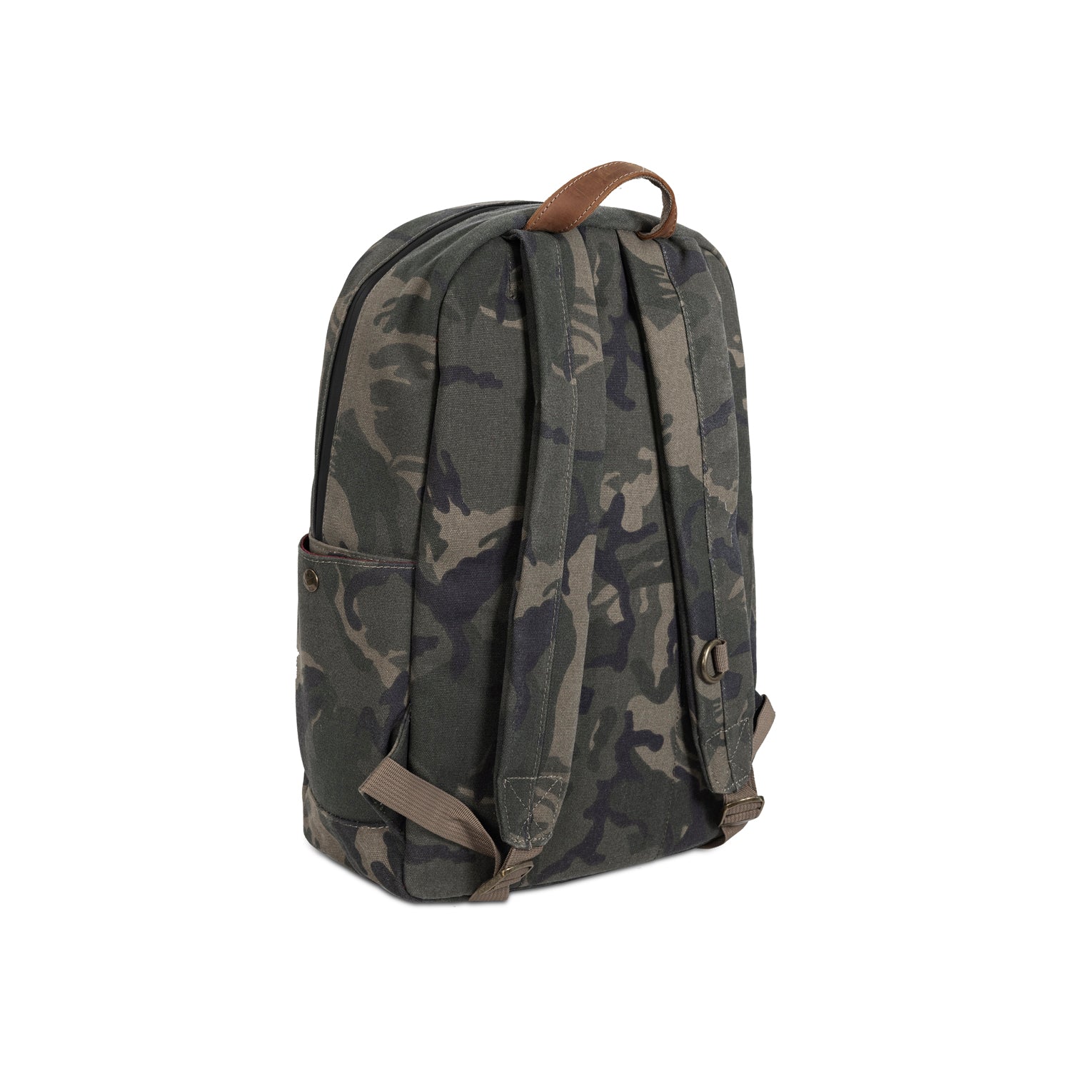 Camouflage-patterned backpack with brown straps on a white background