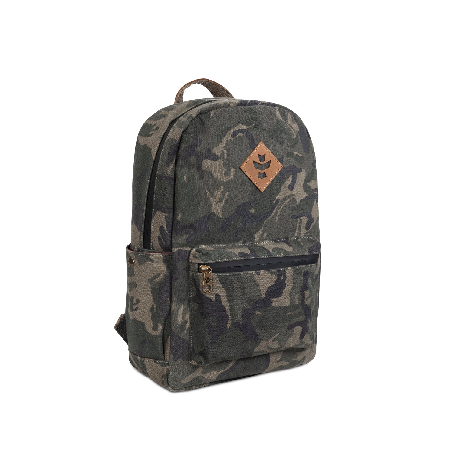Camouflage backpack with a brand logo on a white background