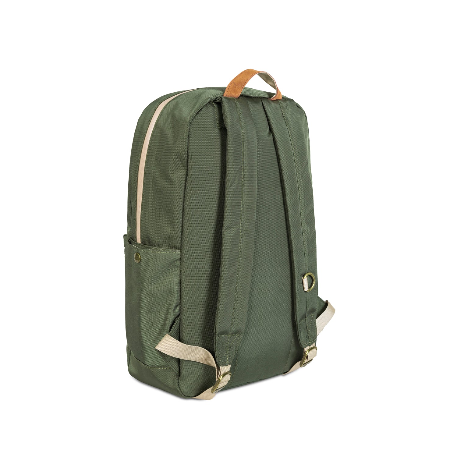 Green backpack with beige accents on a white background