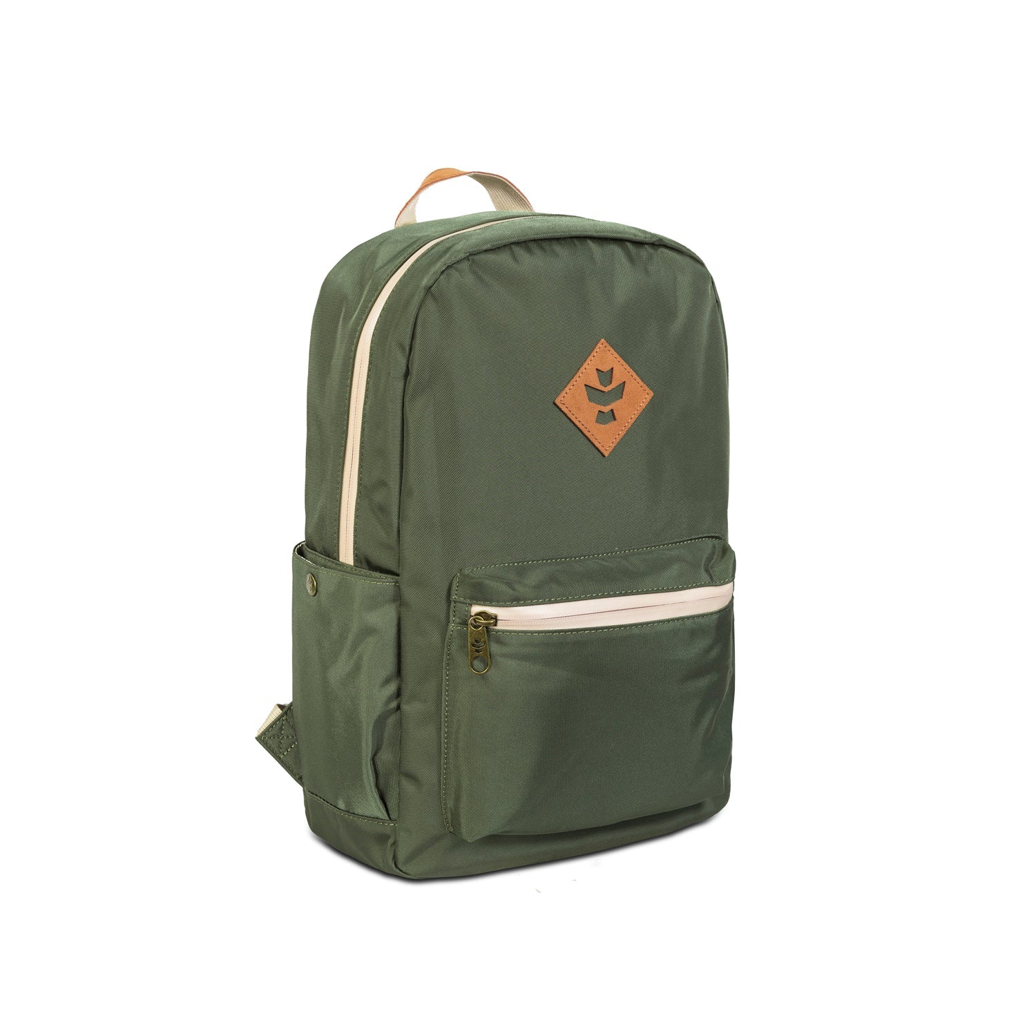 Green backpack with a brand logo on a white background