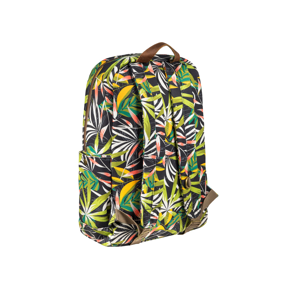 Backpack with tropical leaf pattern on a white background