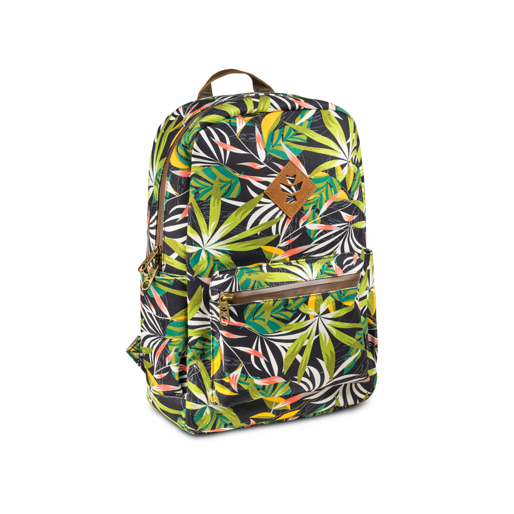 Backpack with a colorful leaf pattern on a white background