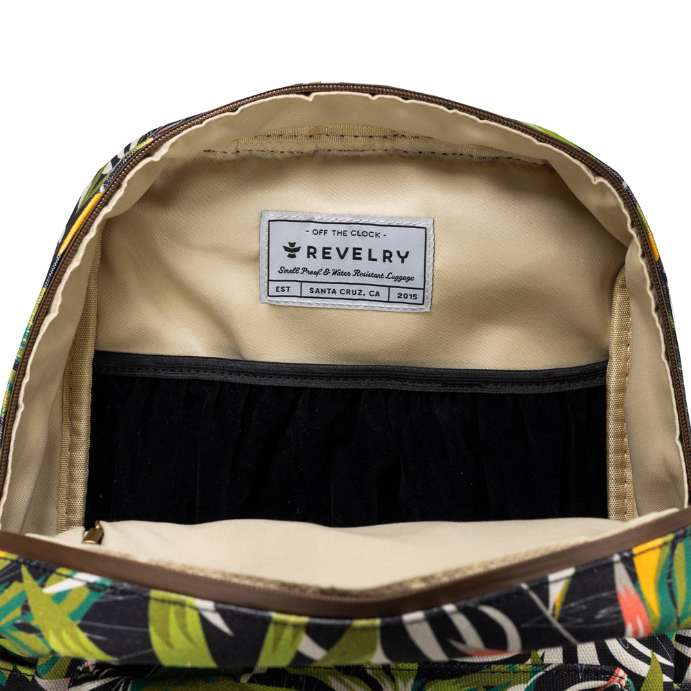 Backpack interior with a visible Revelry label on a white background