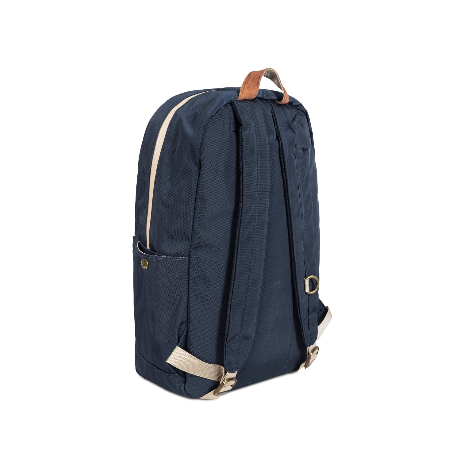 Navy blue backpack with beige accents on a white background