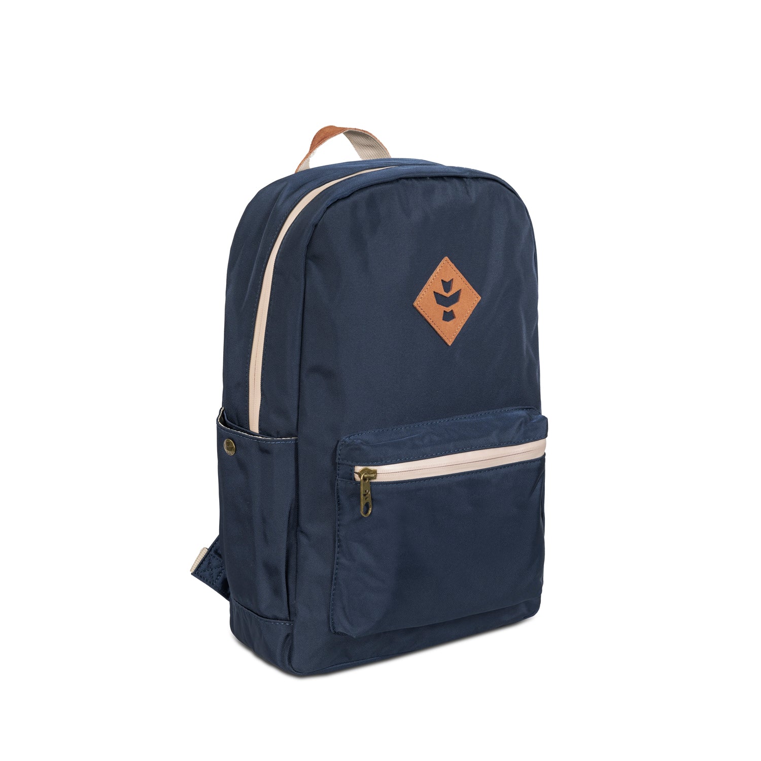 Navy blue backpack with a brown logo on a white background