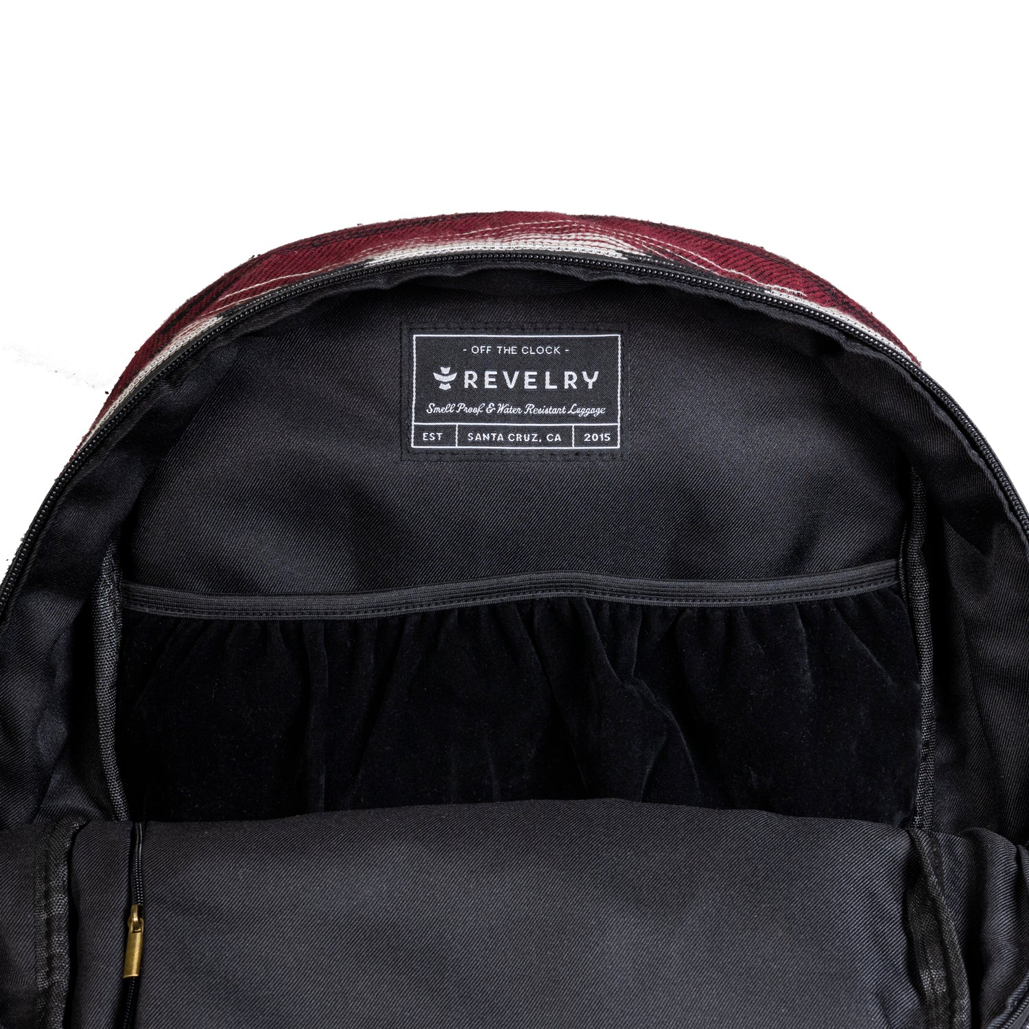 Backpack interior with a visible brand label on a white background