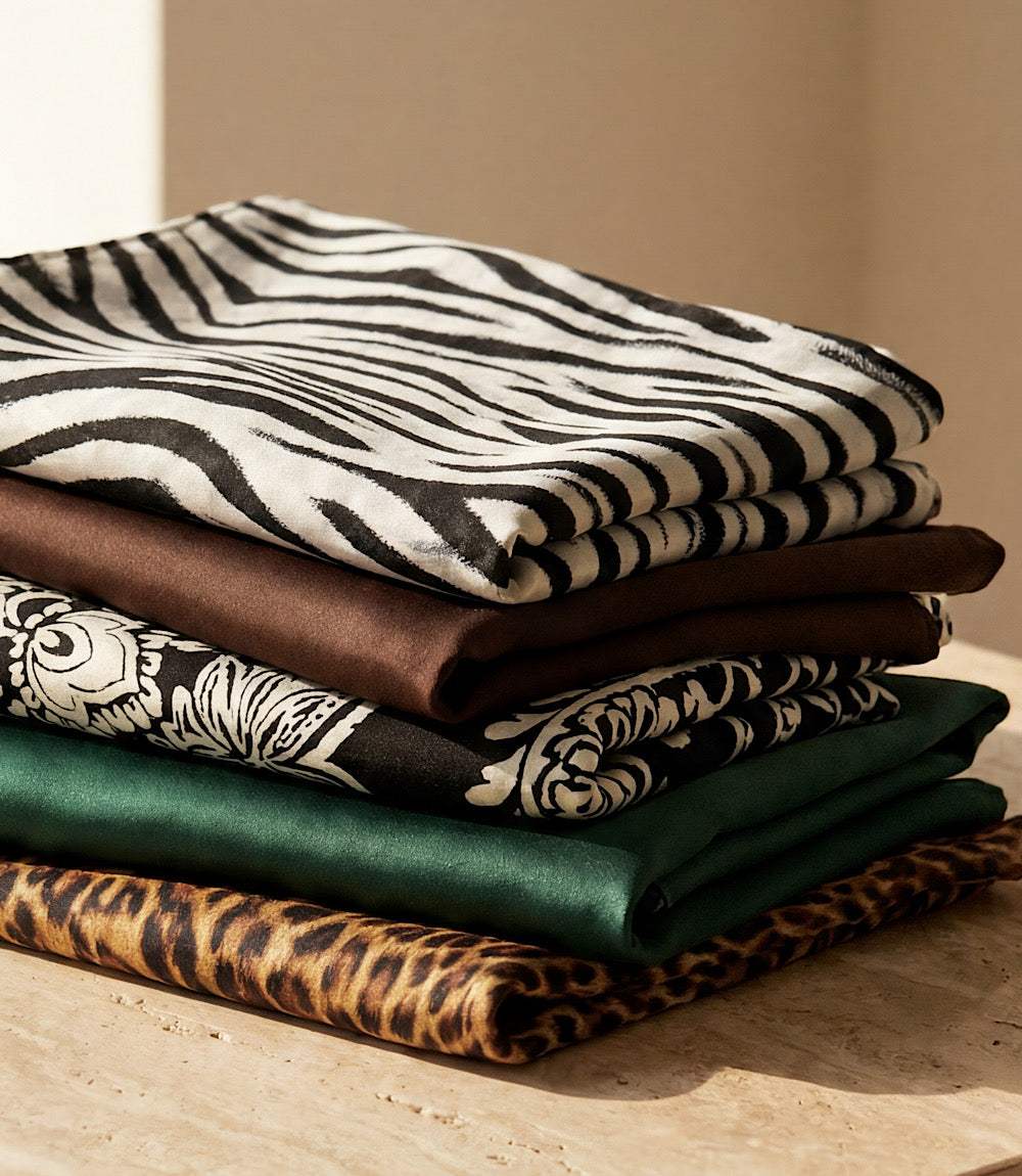 A stack of folded patterned fabrics in black-and-white zebra print, brown, black-and-white floral, emerald green, and leopard print, arranged on a beige surface against a warm beige background.