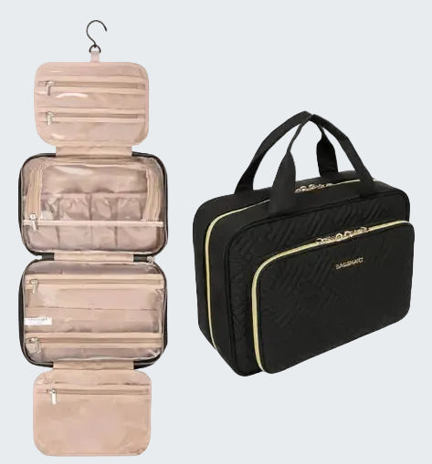 Two travel organizers, one beige hanging and one black with gold accents, on a white background.