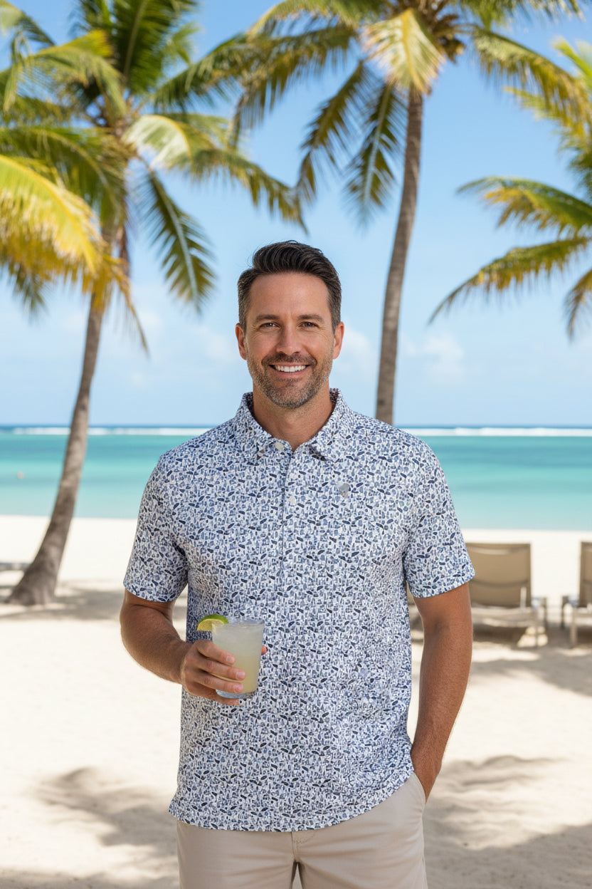 Patterned shirt with a visible brand logo on a light blue background