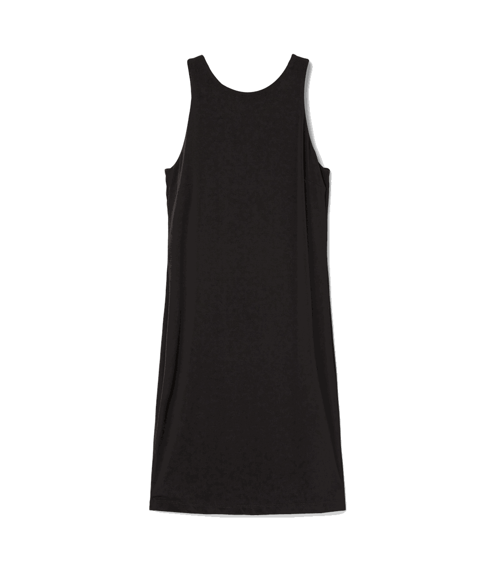 A plain sleeveless tank dress in a very dark charcoal gray color, shown against a solid black background.