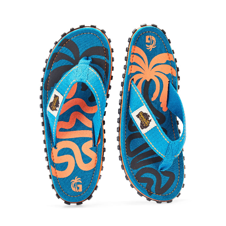 Blue flip-flops with orange and black designs on a white background