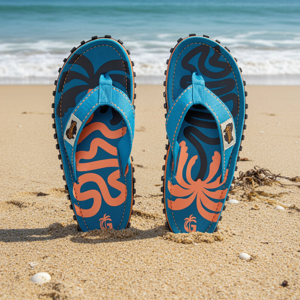 Pair of blue flip-flops with orange and black designs on a white background