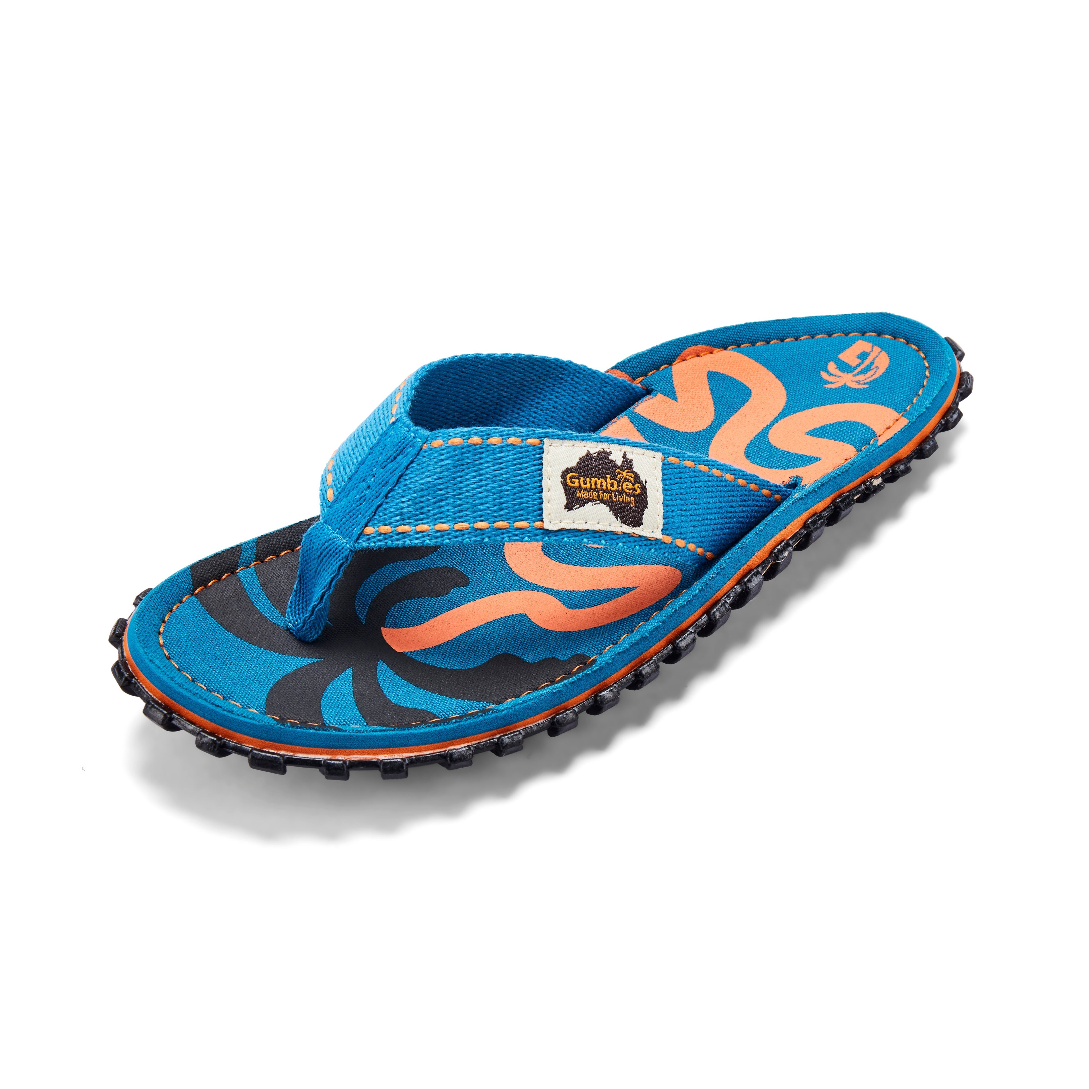 Blue sandal with orange and black patterns on a white background