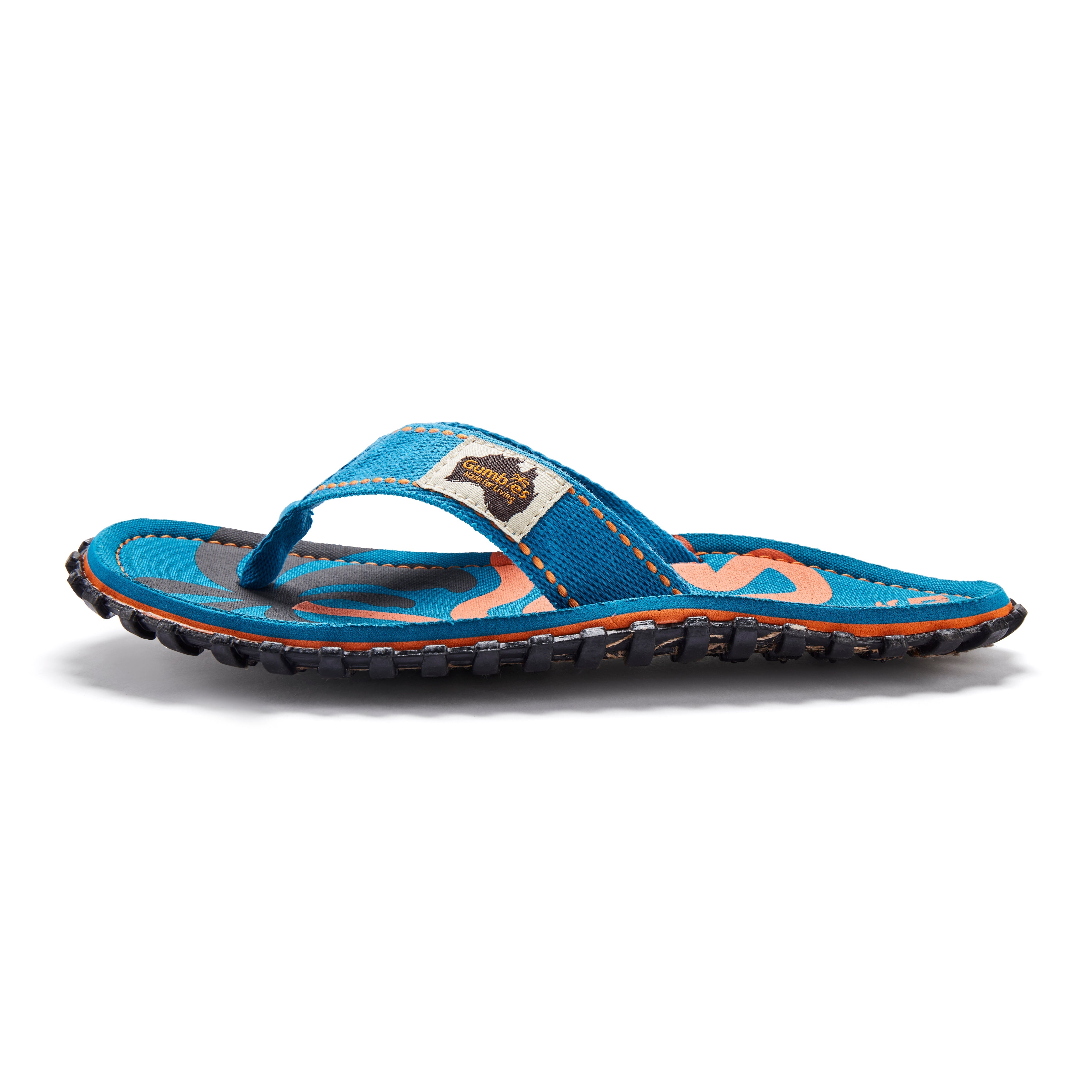 Blue sandal with orange accents on a white background