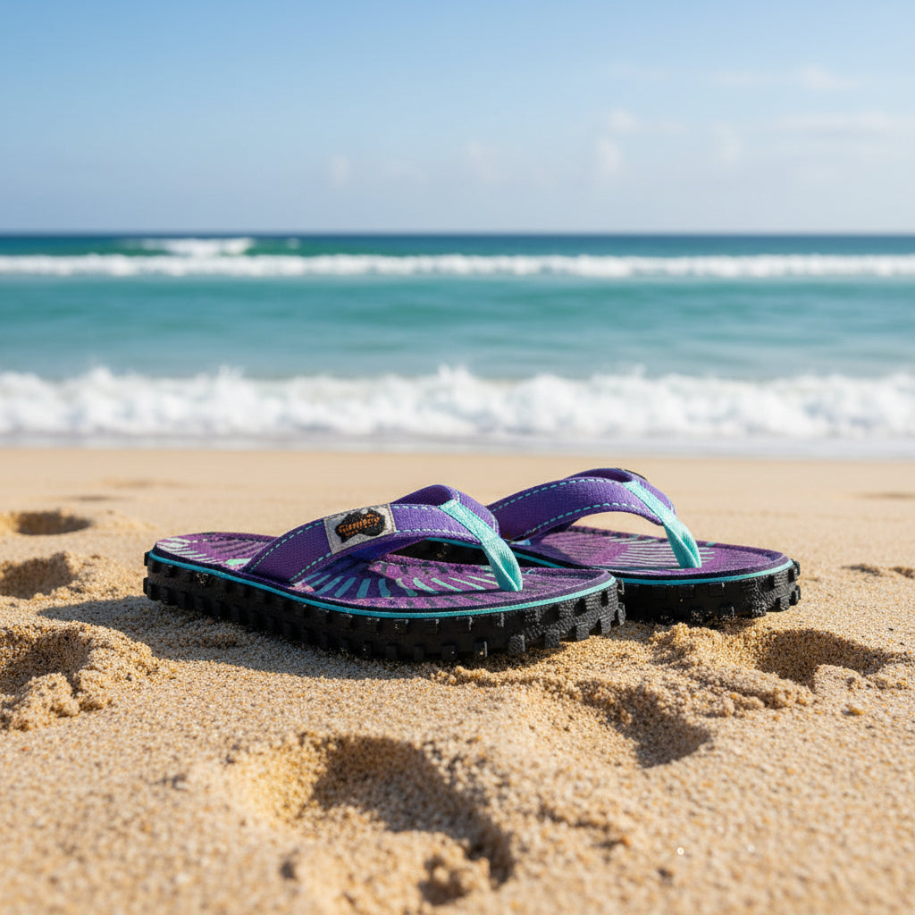 Purple sandals with green accents on a white background