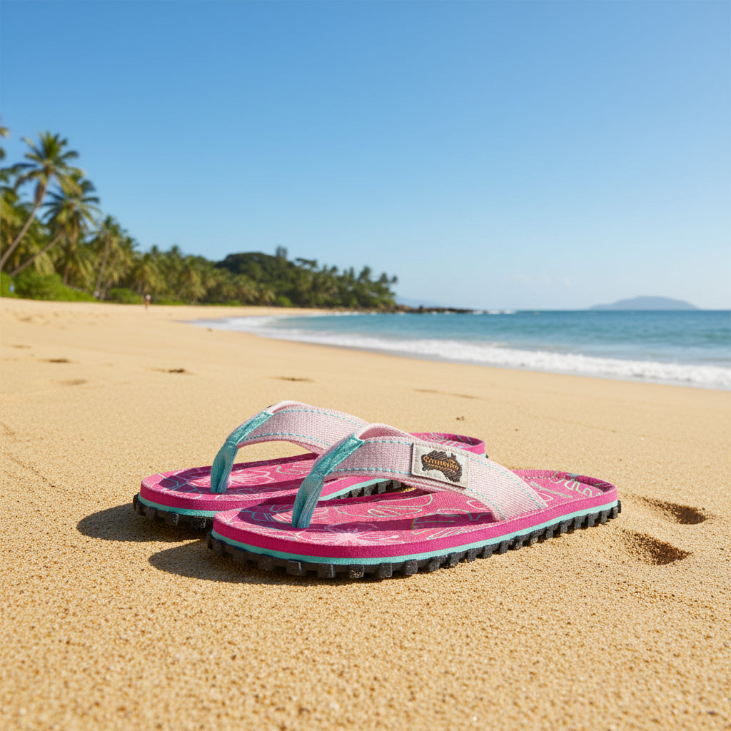Pair of pink flip-flops with floral design on a white background