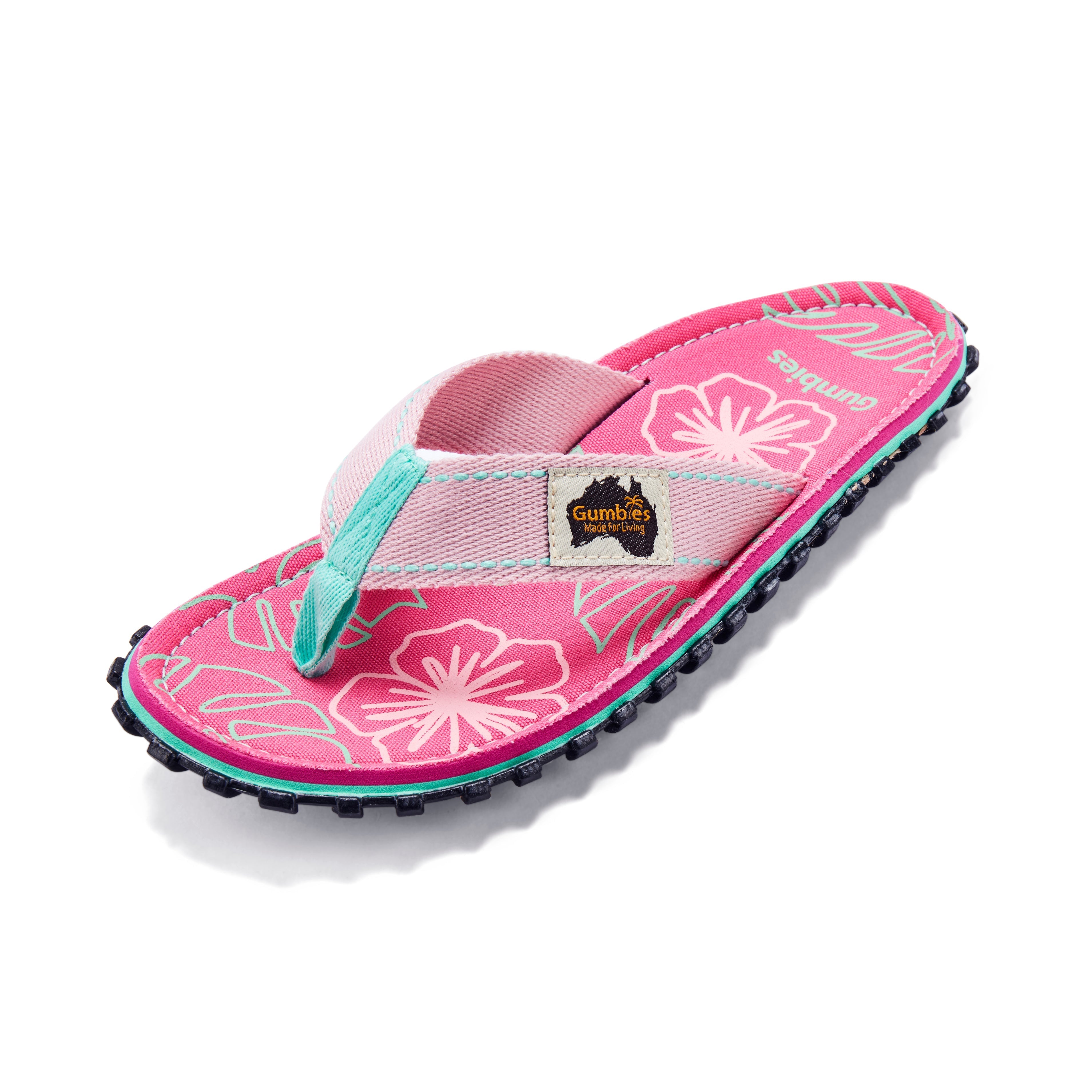 Pink flip-flop sandal with floral design on a white background