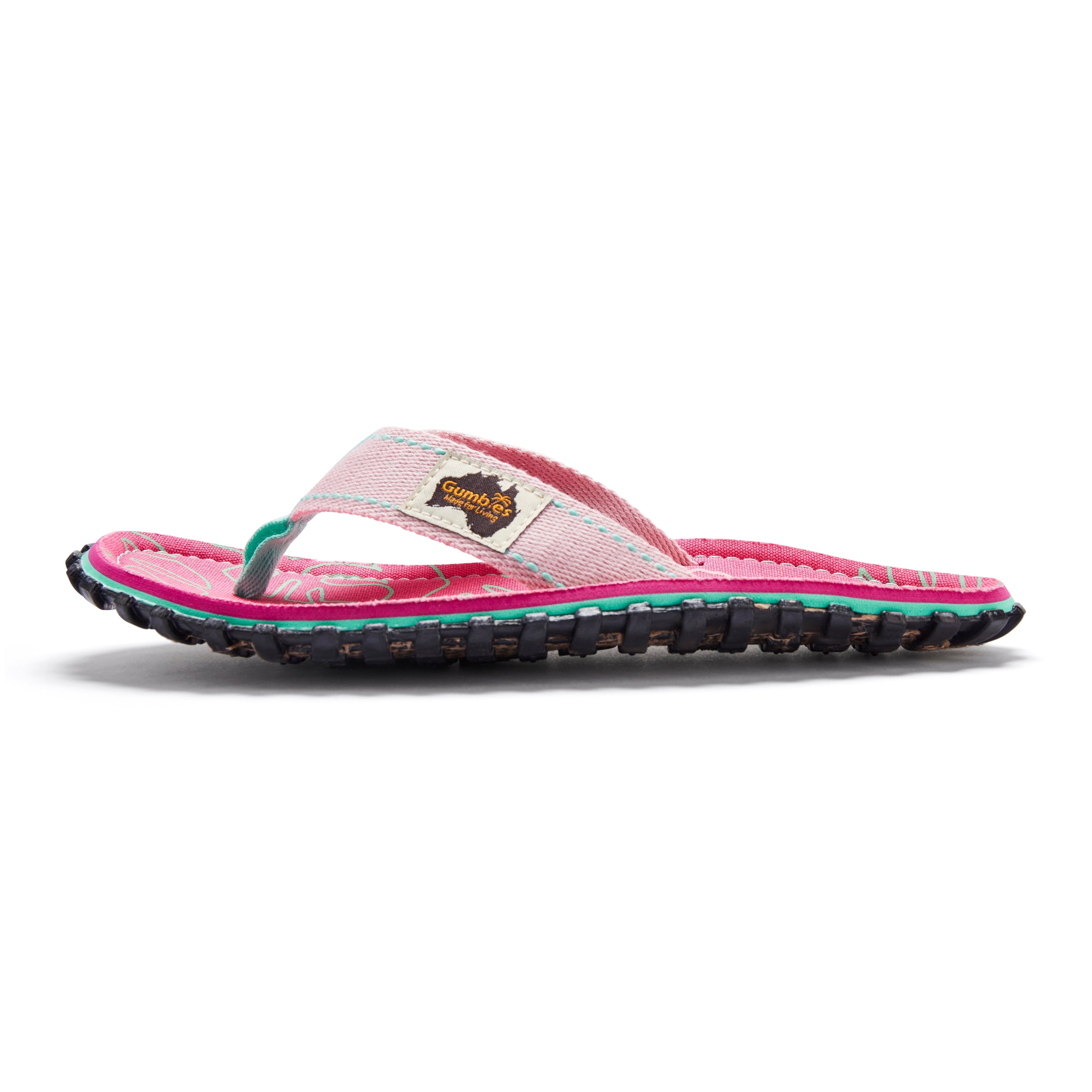 Pink sandal with a brand logo on a white background