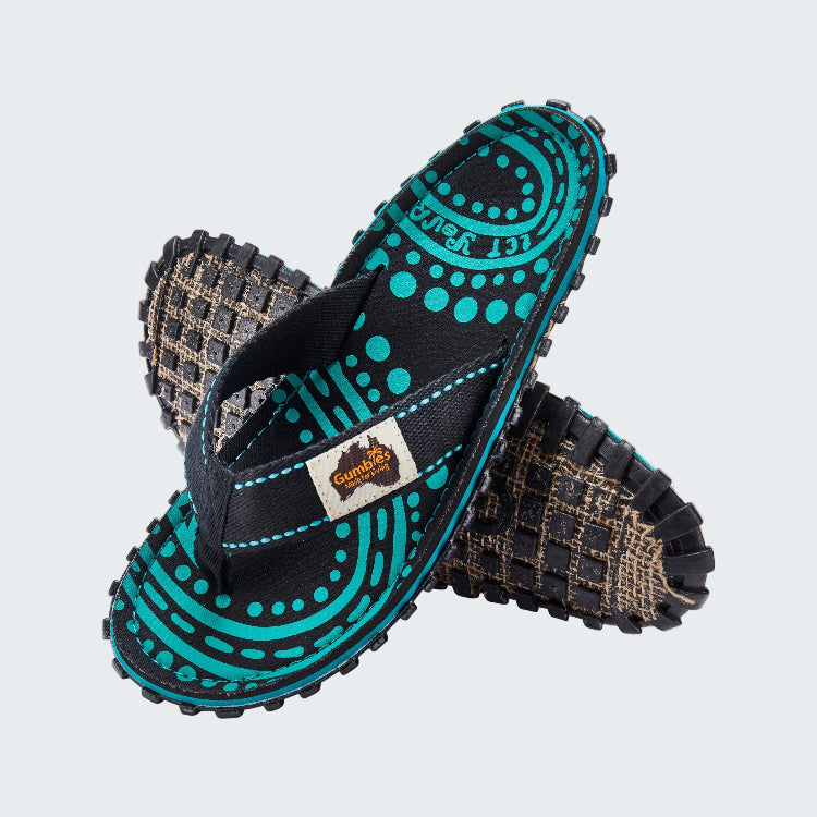 Pair of sandals with blue patterned sole and textured brown sole on a white background