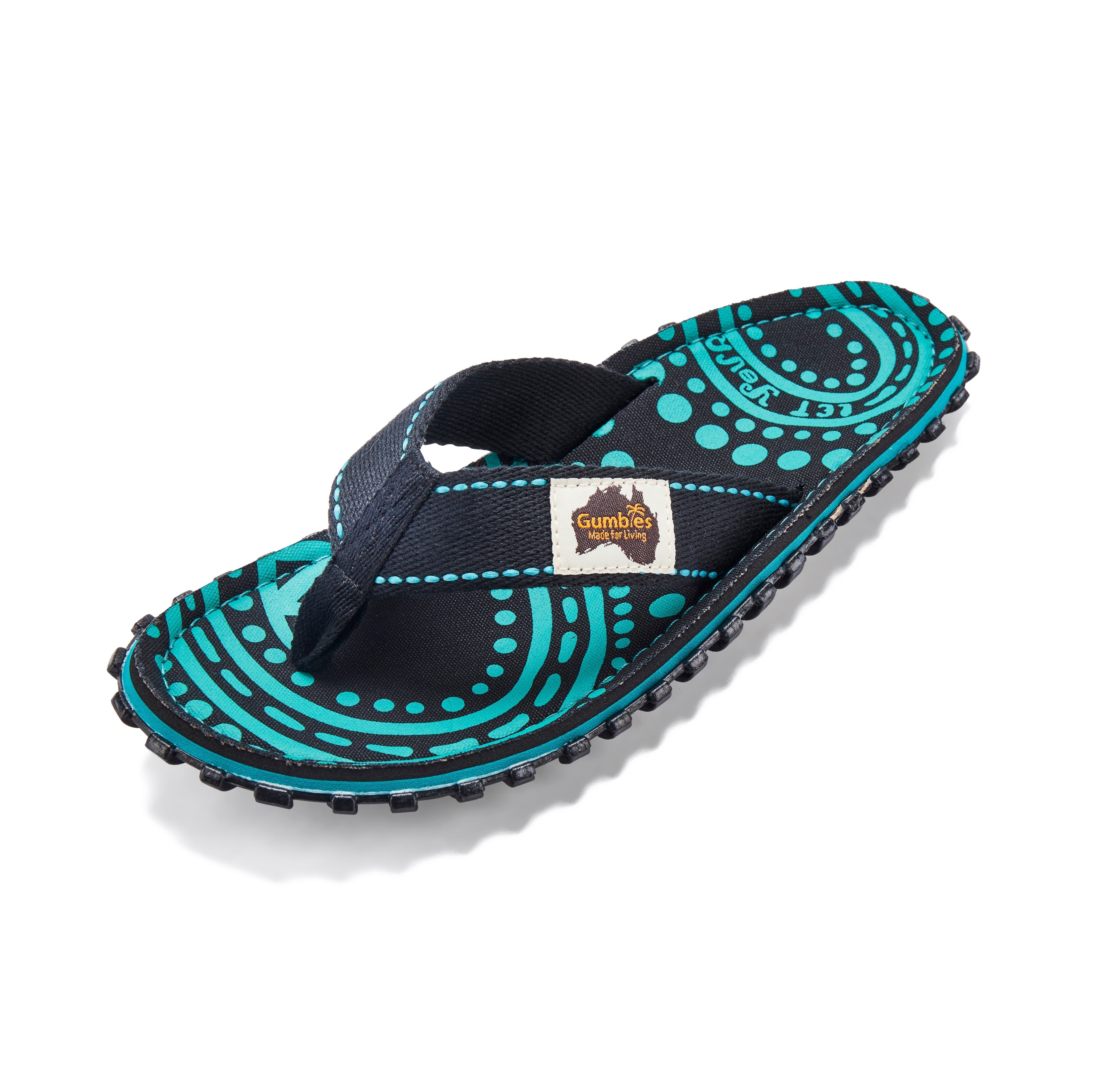 Black and teal flip-flop sandal with a brand label on a white background