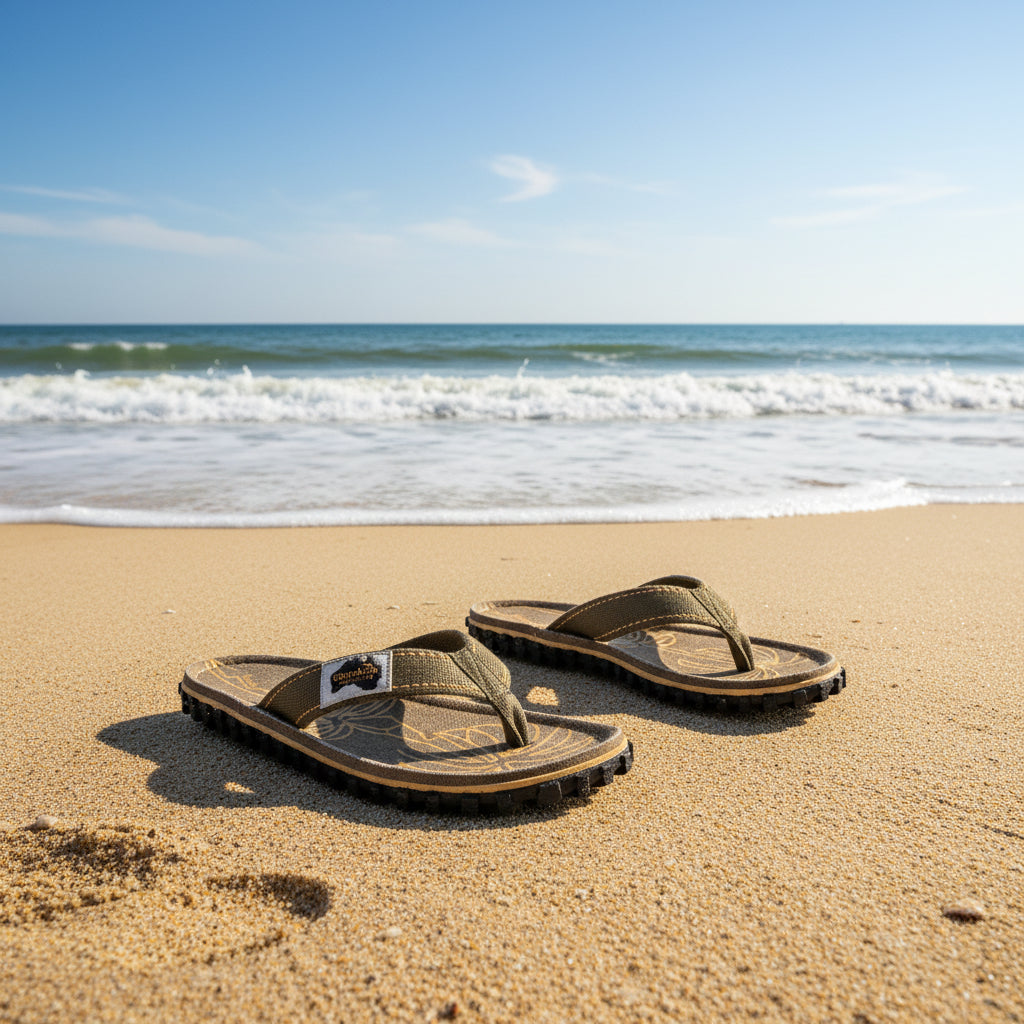 Pair of brown sandals with decorative patterns on a white background