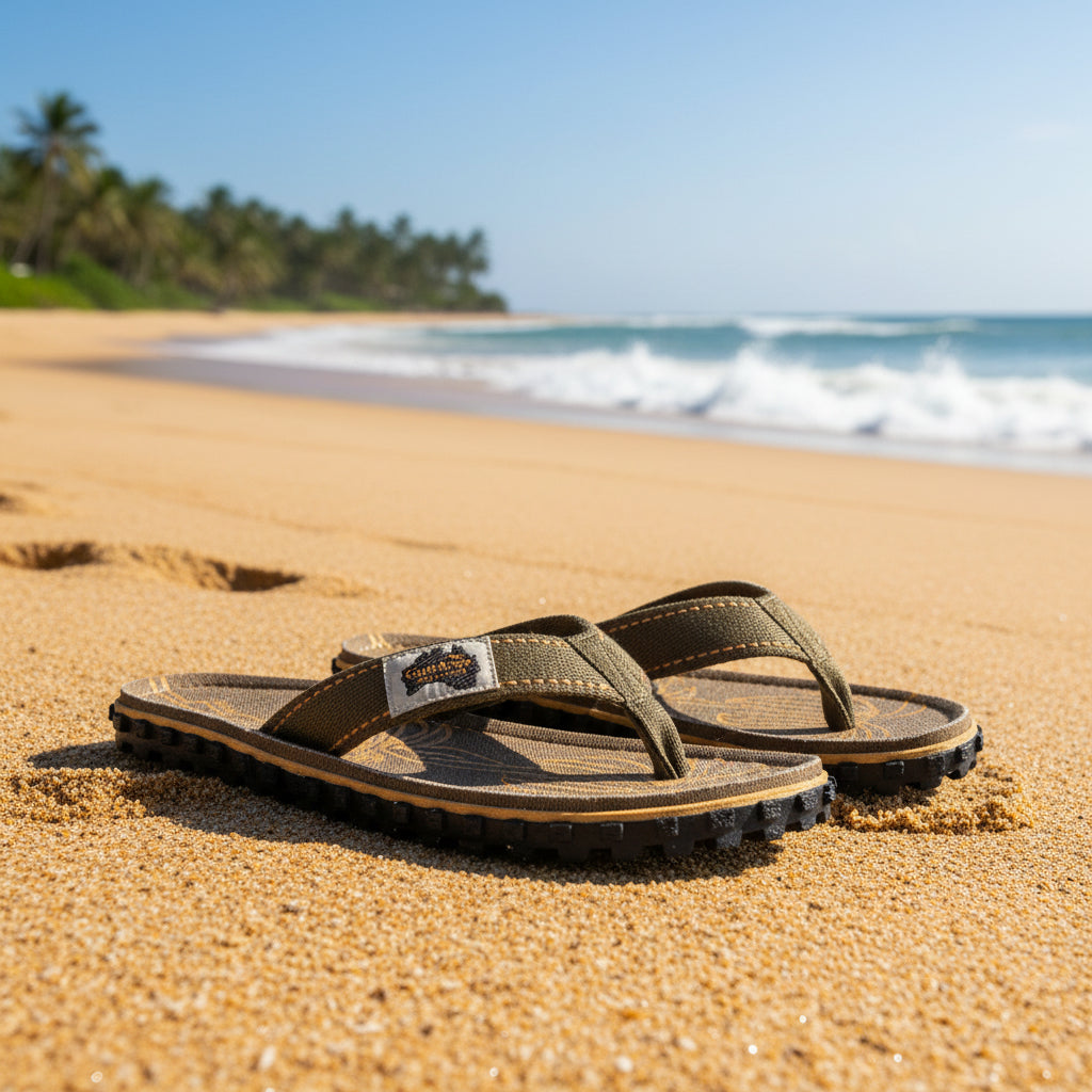 Pair of brown sandals with decorative patterns on a white background