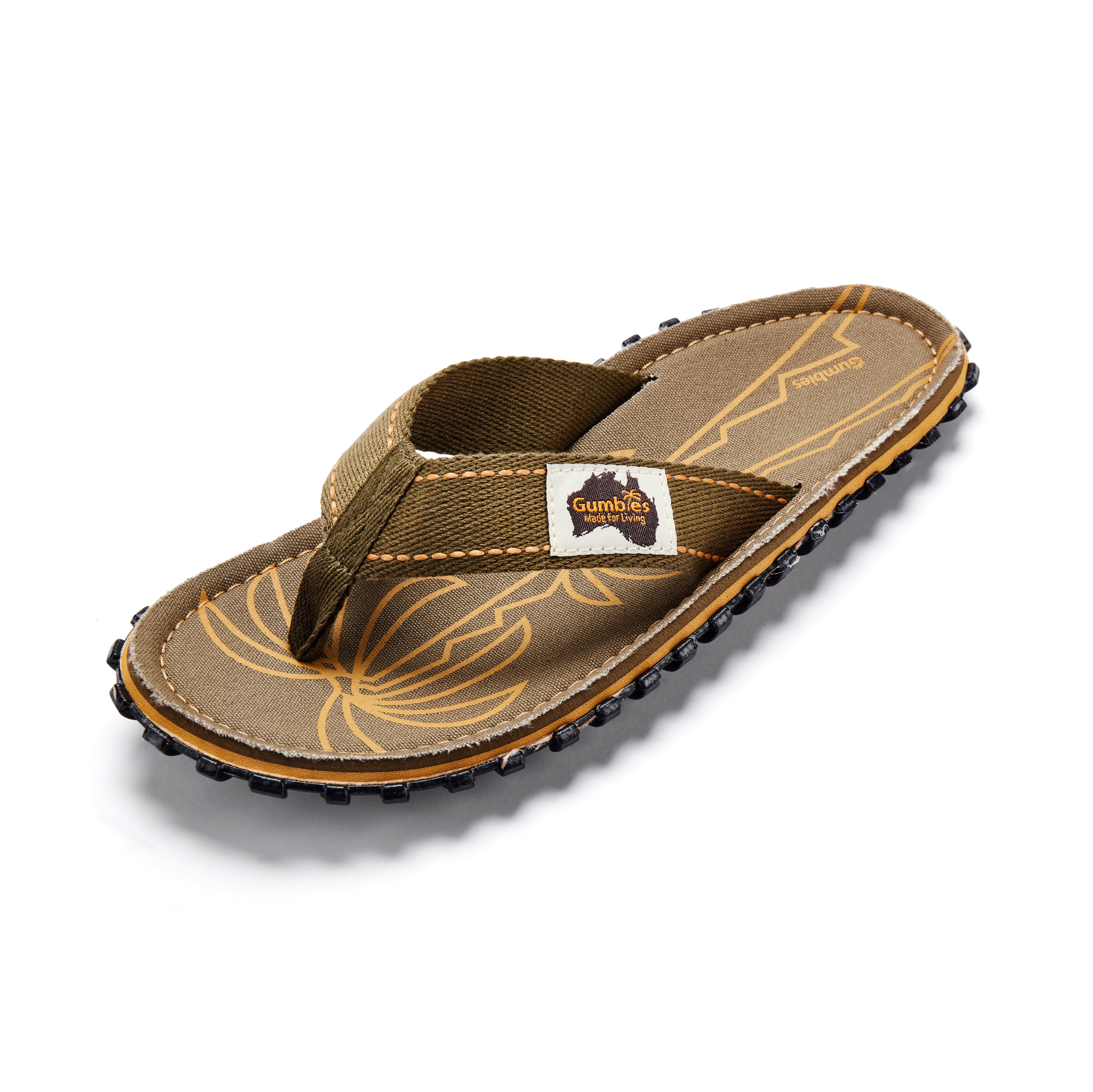 Brown flip-flop sandal with floral design on a white background
