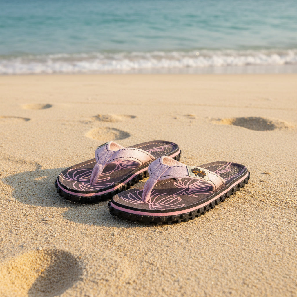 Pair of flip-flops with palm tree design on a white background
